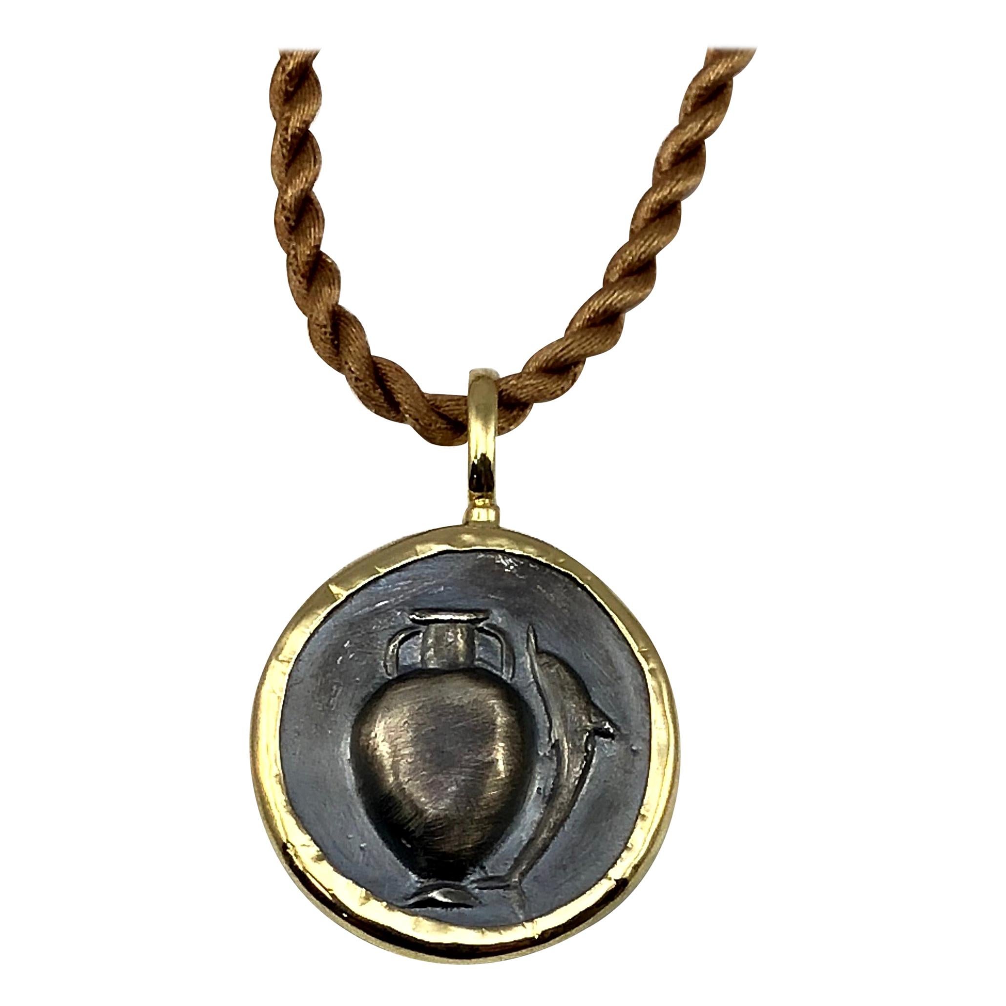 Georgios Collection 18 Karat Gold Pendant Necklace with Silver Coin with Amphora