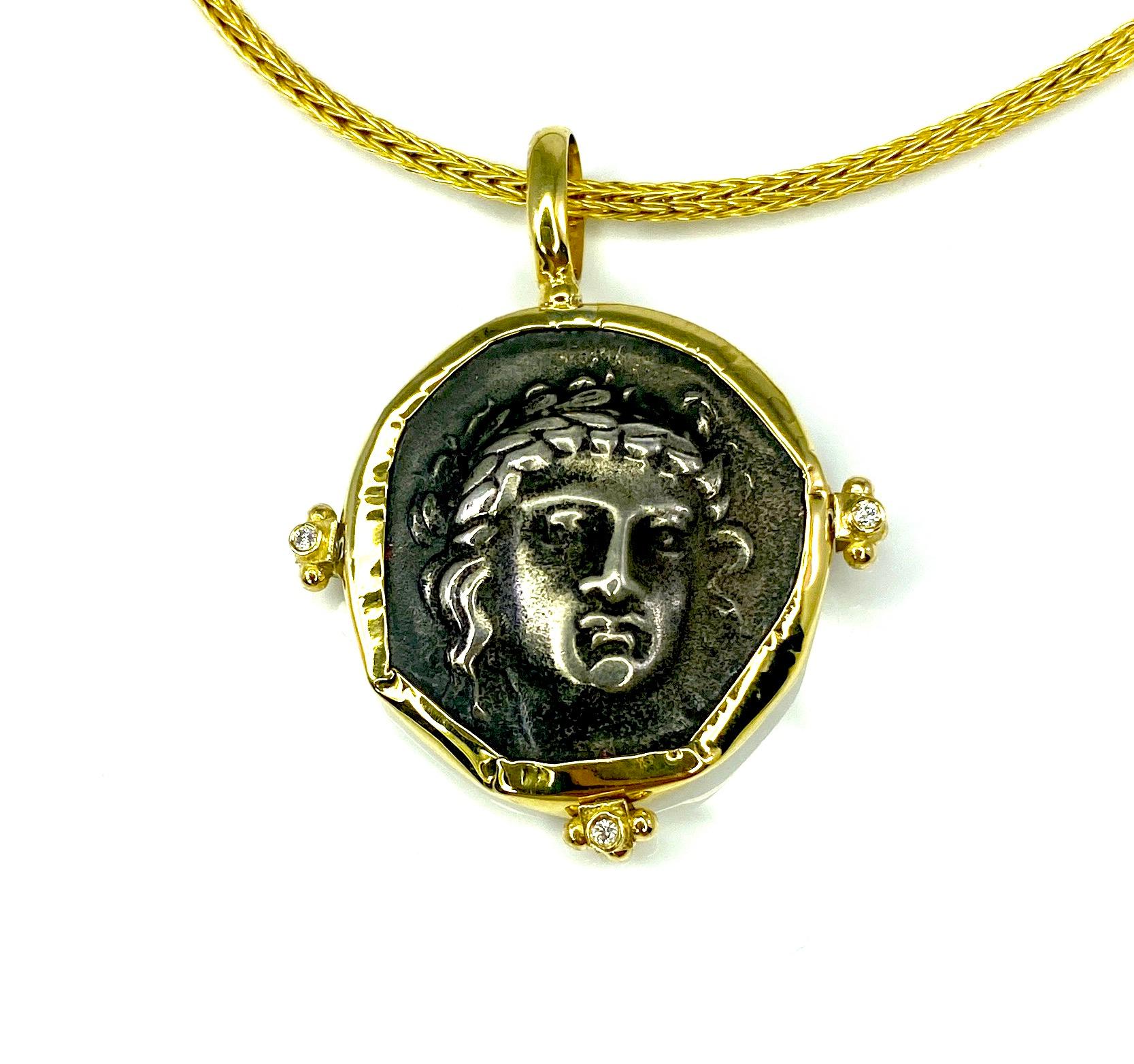 Classical Greek Georgios Collection 18 Karat Gold Pendant with Silver Apollon Image and Diamonds For Sale