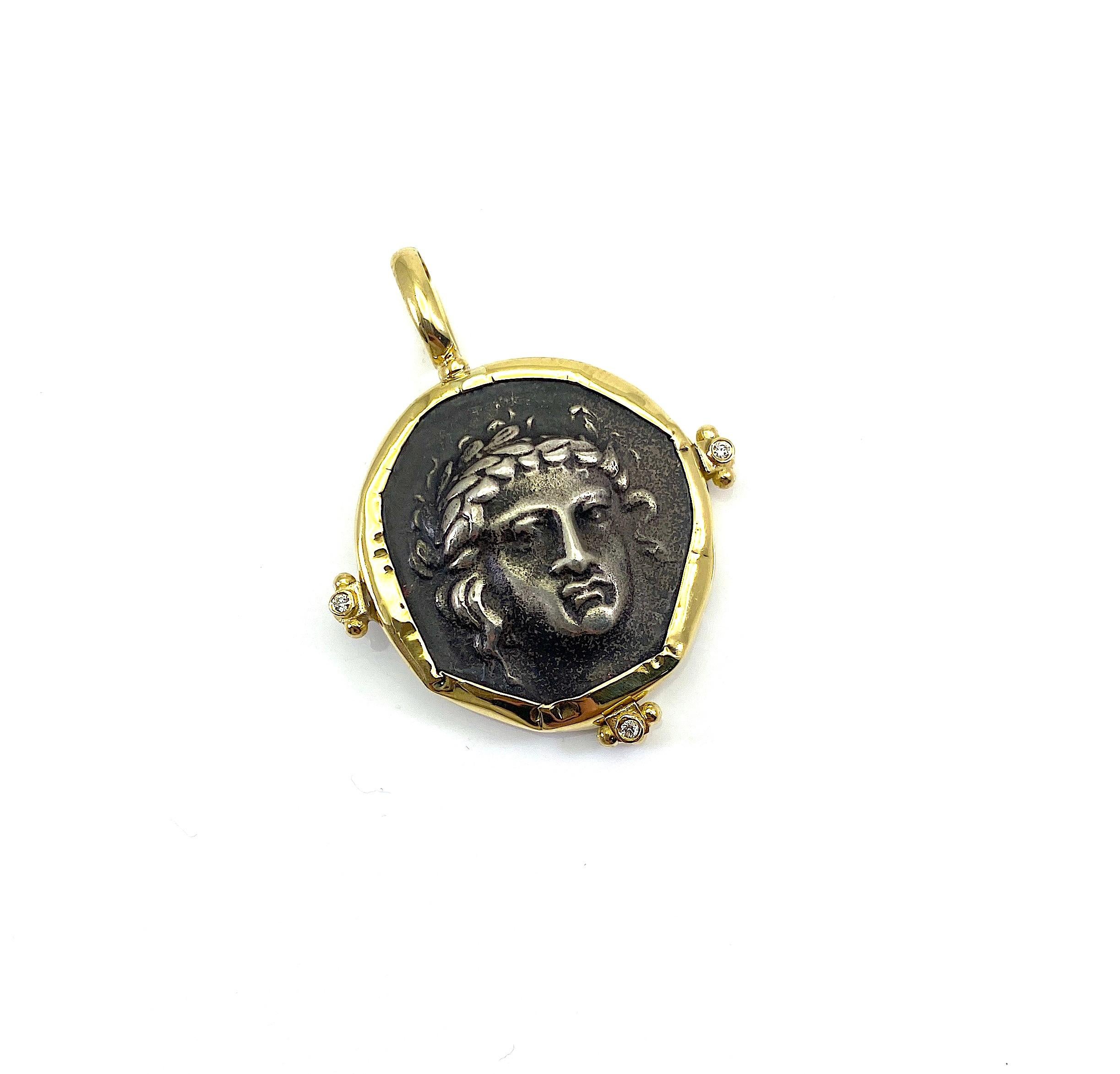 Round Cut Georgios Collection 18 Karat Gold Pendant with Silver Apollon Image and Diamonds For Sale