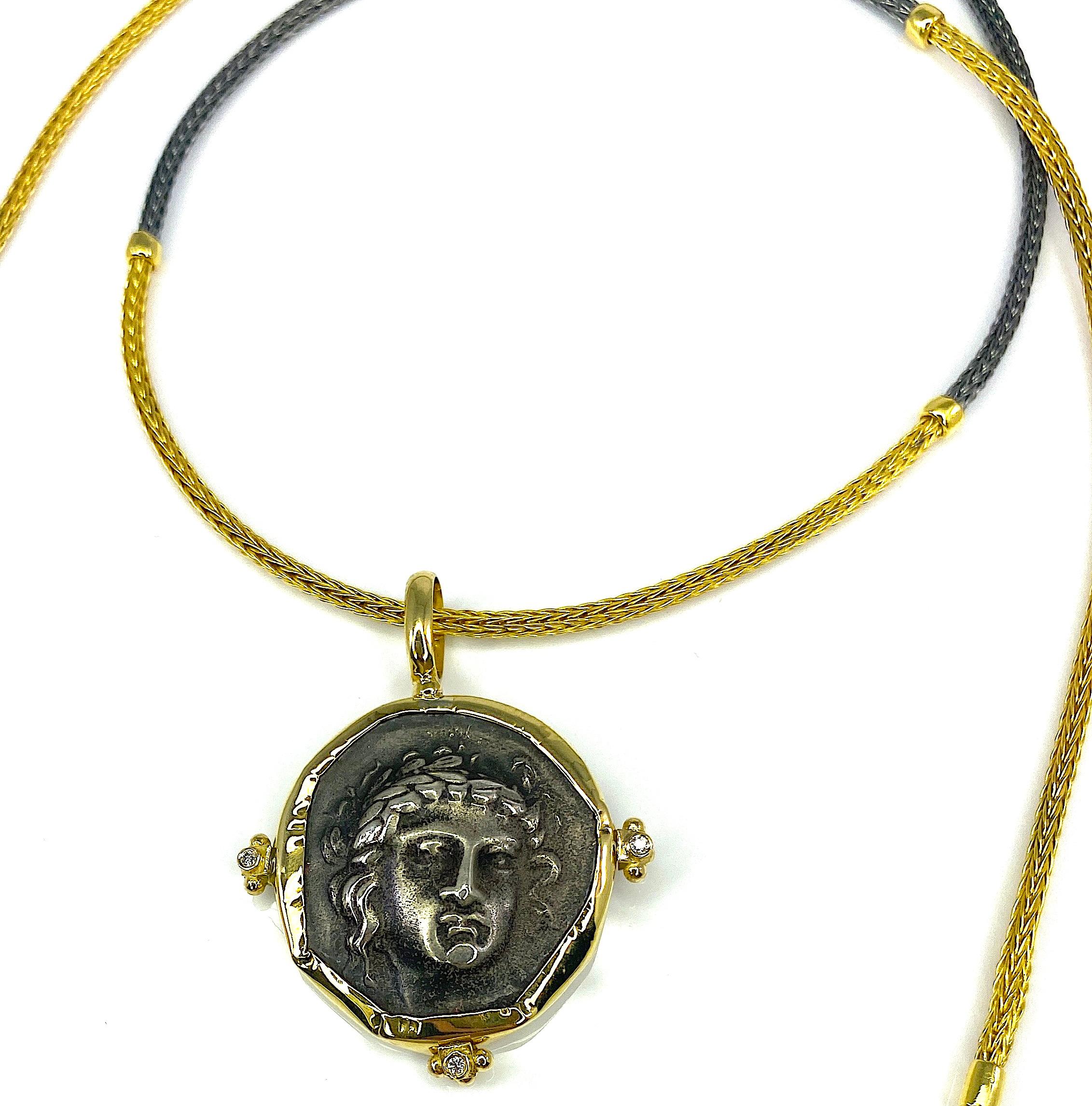 Georgios Collection 18 Karat Gold Pendant with Silver Apollon Image and Diamonds In New Condition For Sale In Astoria, NY