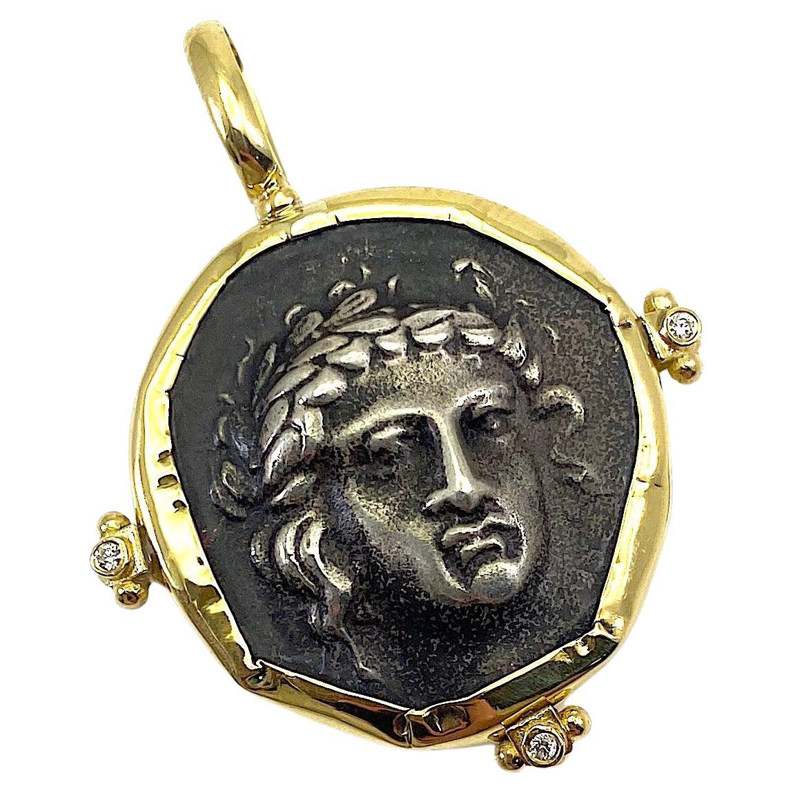 Georgios Collection 18 Karat Gold Pendant with Silver Apollon Image and Diamonds For Sale