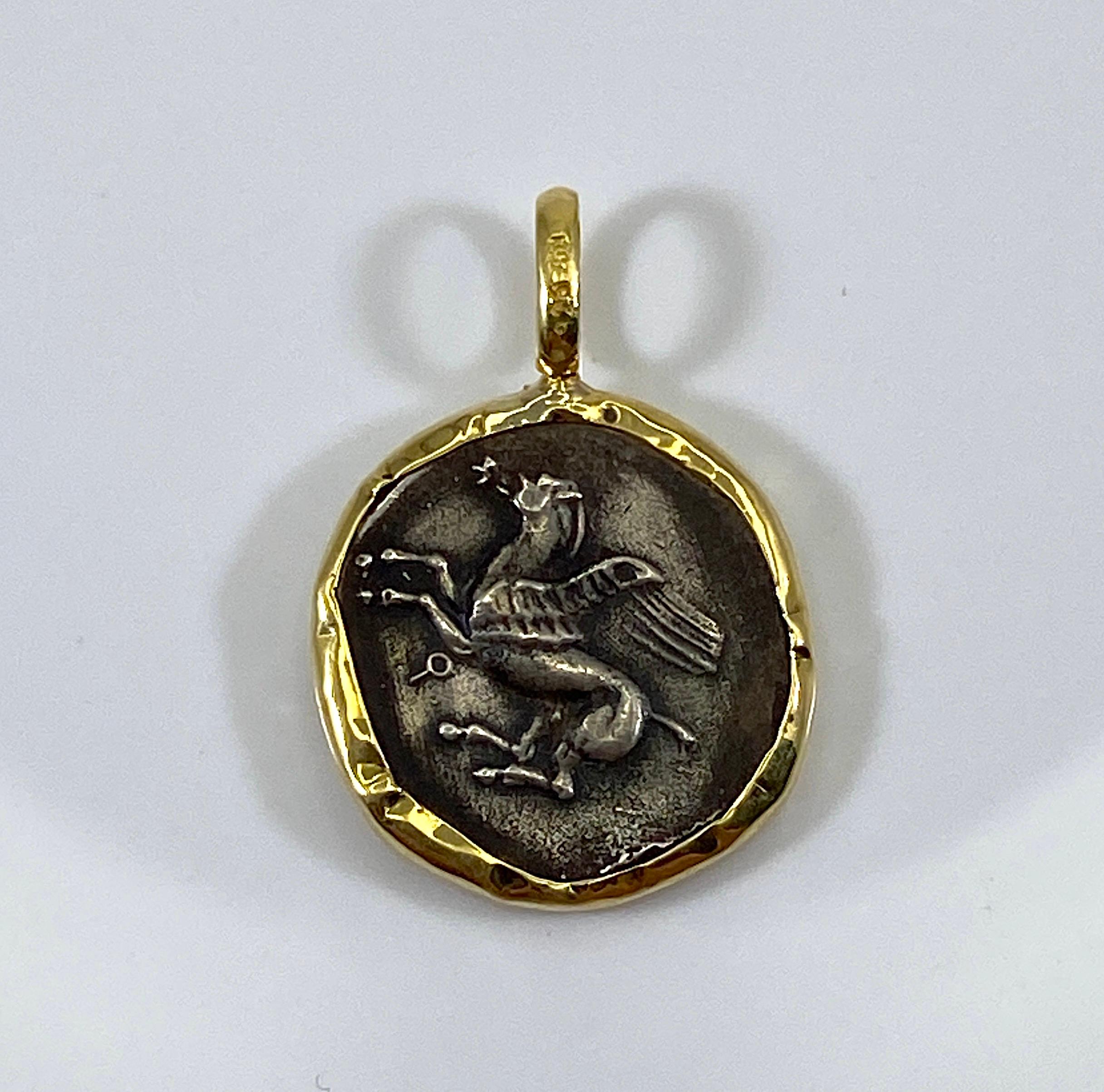 Women's or Men's Georgios Collection 18 Karat Gold Pendant with Silver Athina and Pegasus Image For Sale