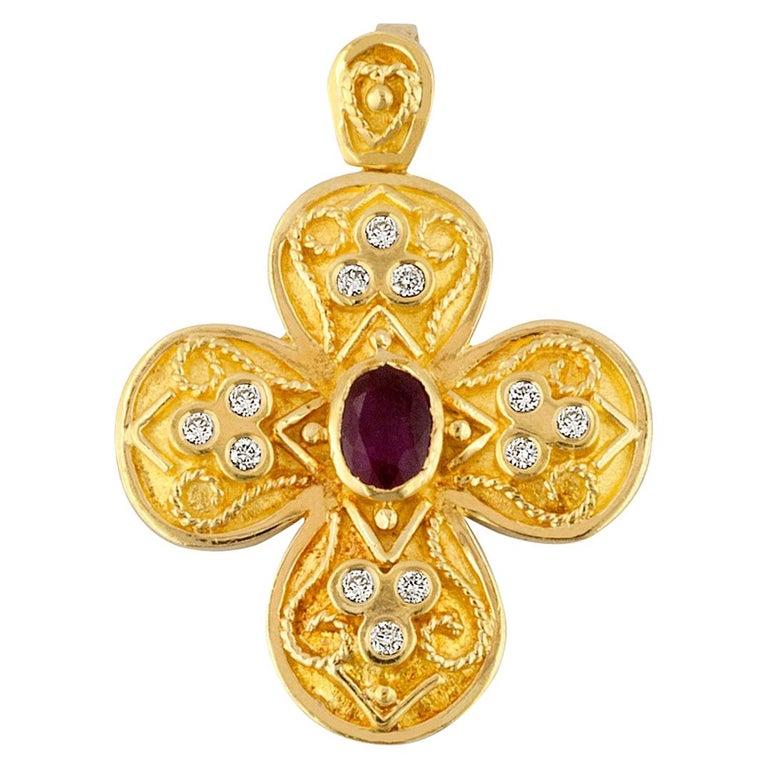 Oval Cut Georgios Collection 18 Karat Gold Ruby Cross with Diamonds and Granulation Work For Sale