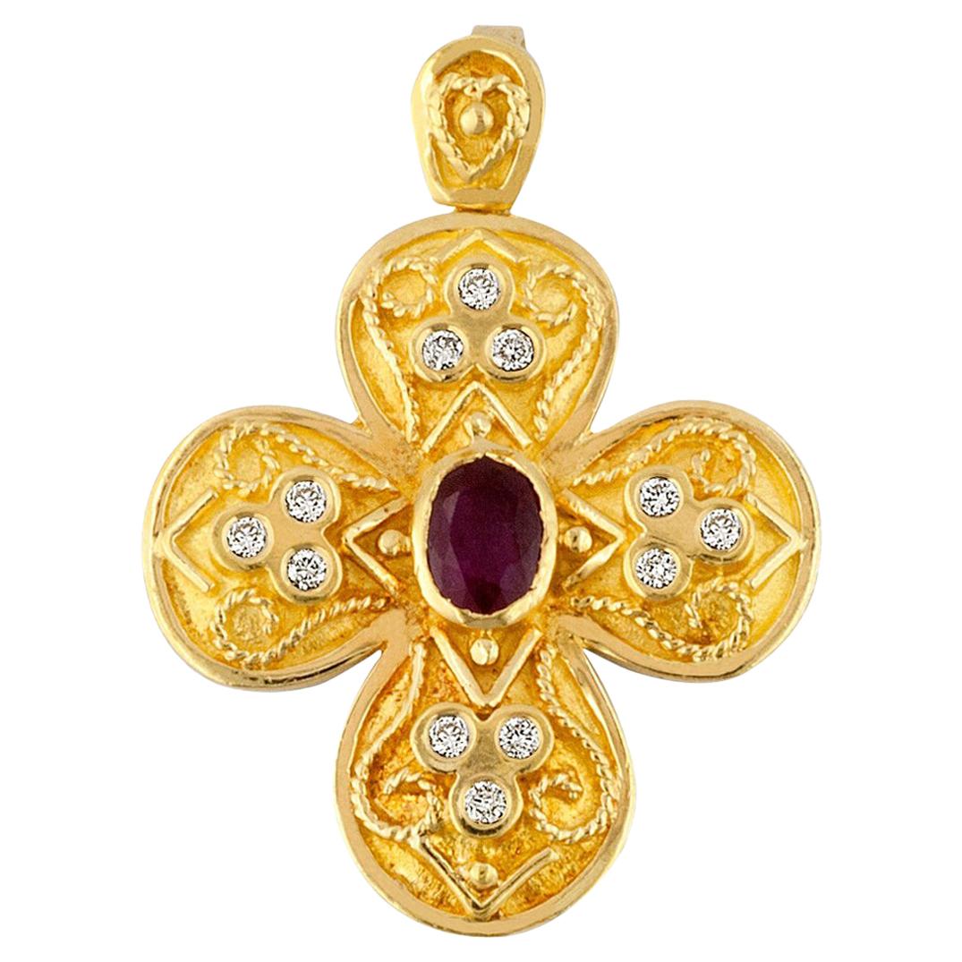 Georgios Collection 18 Karat Gold Ruby Cross with Diamonds and Granulation Work