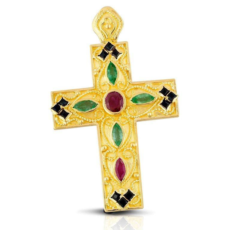 Georgios Collection 18 Karat Gold Ruby, Sapphire and Emerald Multi-Color Cross For Sale 6