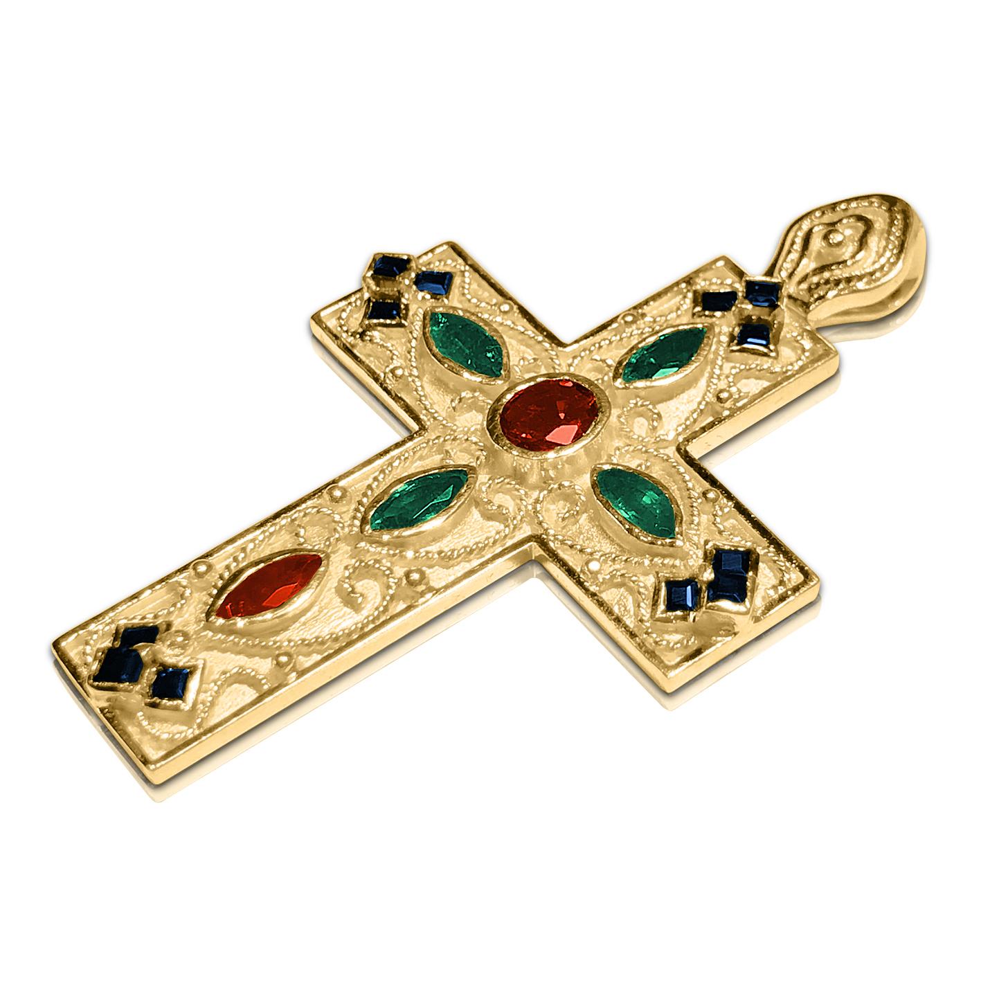 This S.Georgios Designer Byzantine Style Cross Pendant Enhancer is handmade from solid 18 Karat Yellow Gold and features 2 Rubies, 4 Emeralds, and 12 Sapphire all total weight of 2,94 Carat. This stunning art piece is made as an inspiration from the