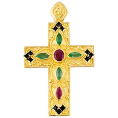 Georgios Collection 18 Karat Gold Ruby, Sapphire and Emerald Multi-Color Cross