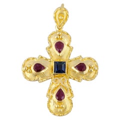 Georgios Collection 18 Karat Gold Sapphire and Ruby Cross with Granulation work