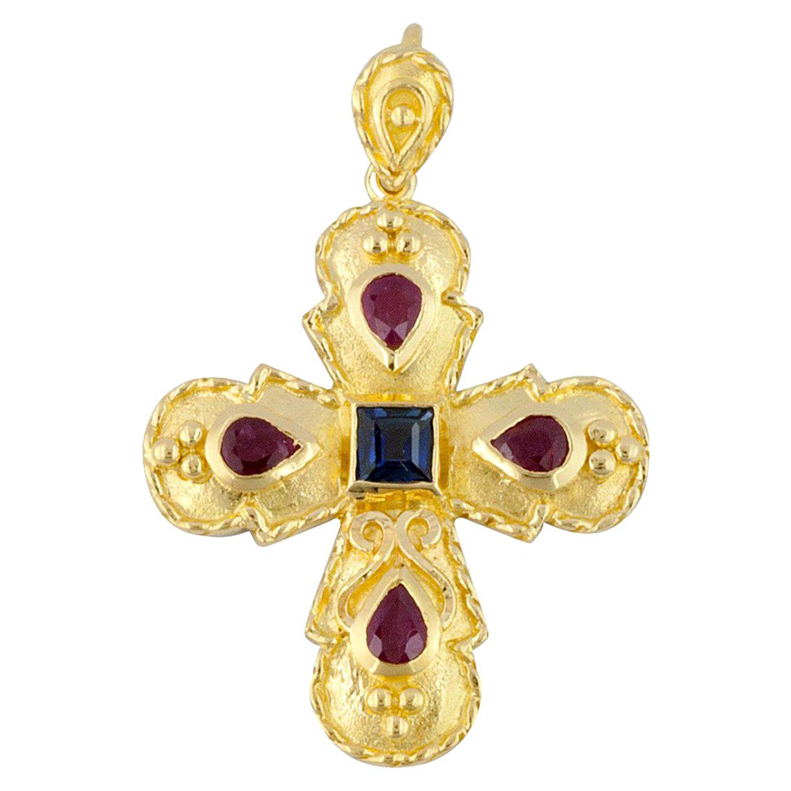 Georgios Collection 18 Karat Gold Sapphire and Ruby Cross with Granulation work