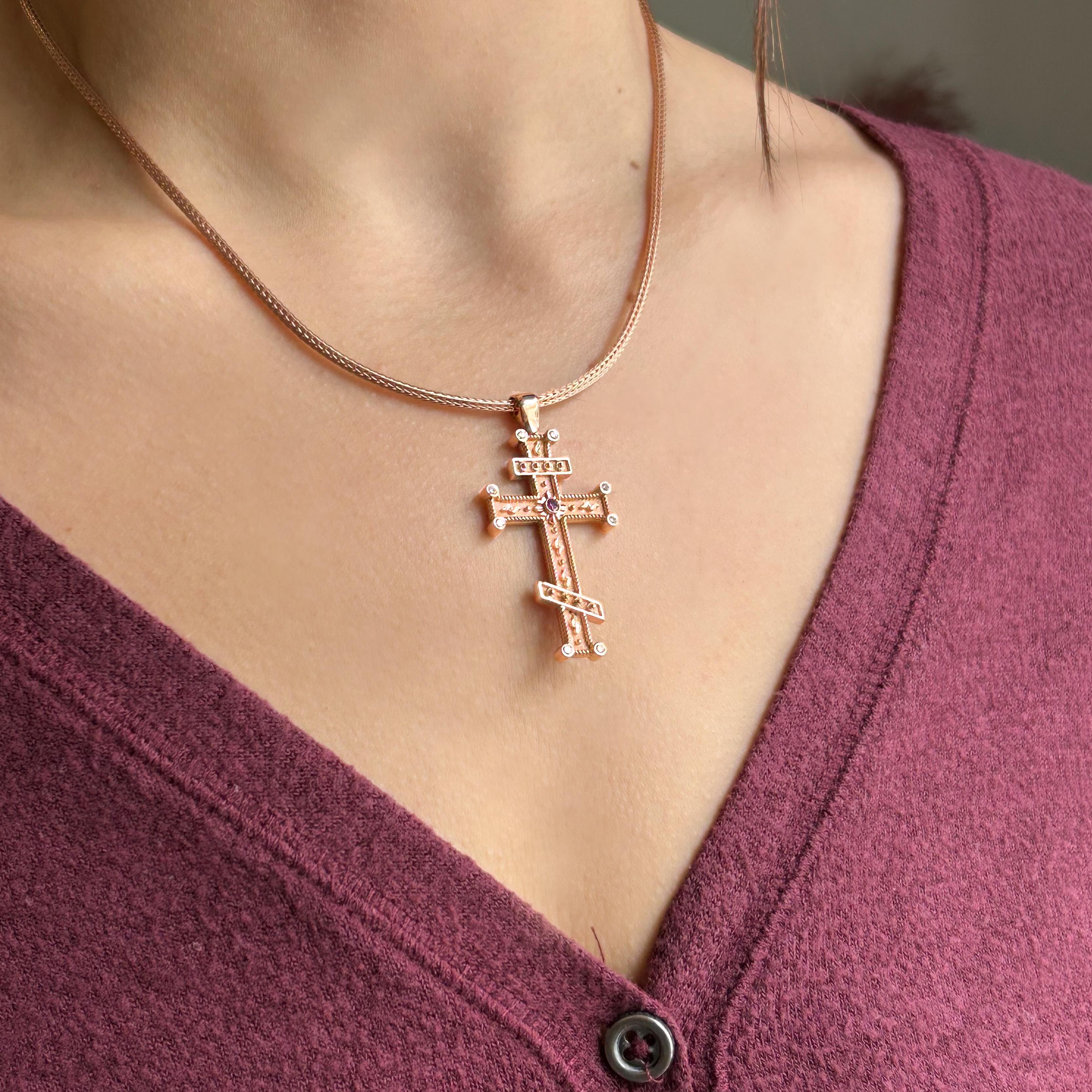 Georgios Collection 18 Karat Rose Gold Purple and White Diamond Cross with Chain For Sale 4