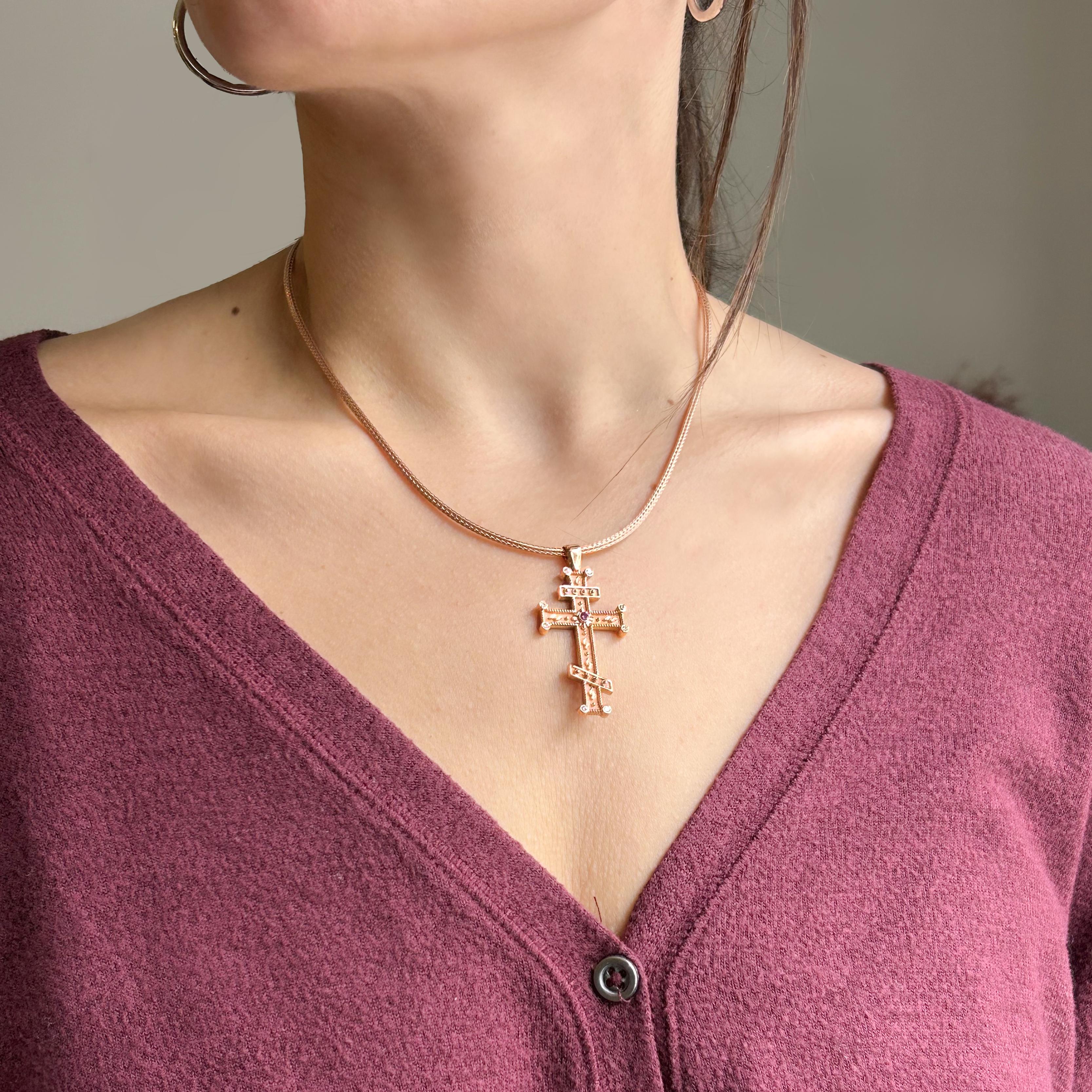 Georgios Collection 18 Karat Rose Gold Purple and White Diamond Cross with Chain For Sale 5