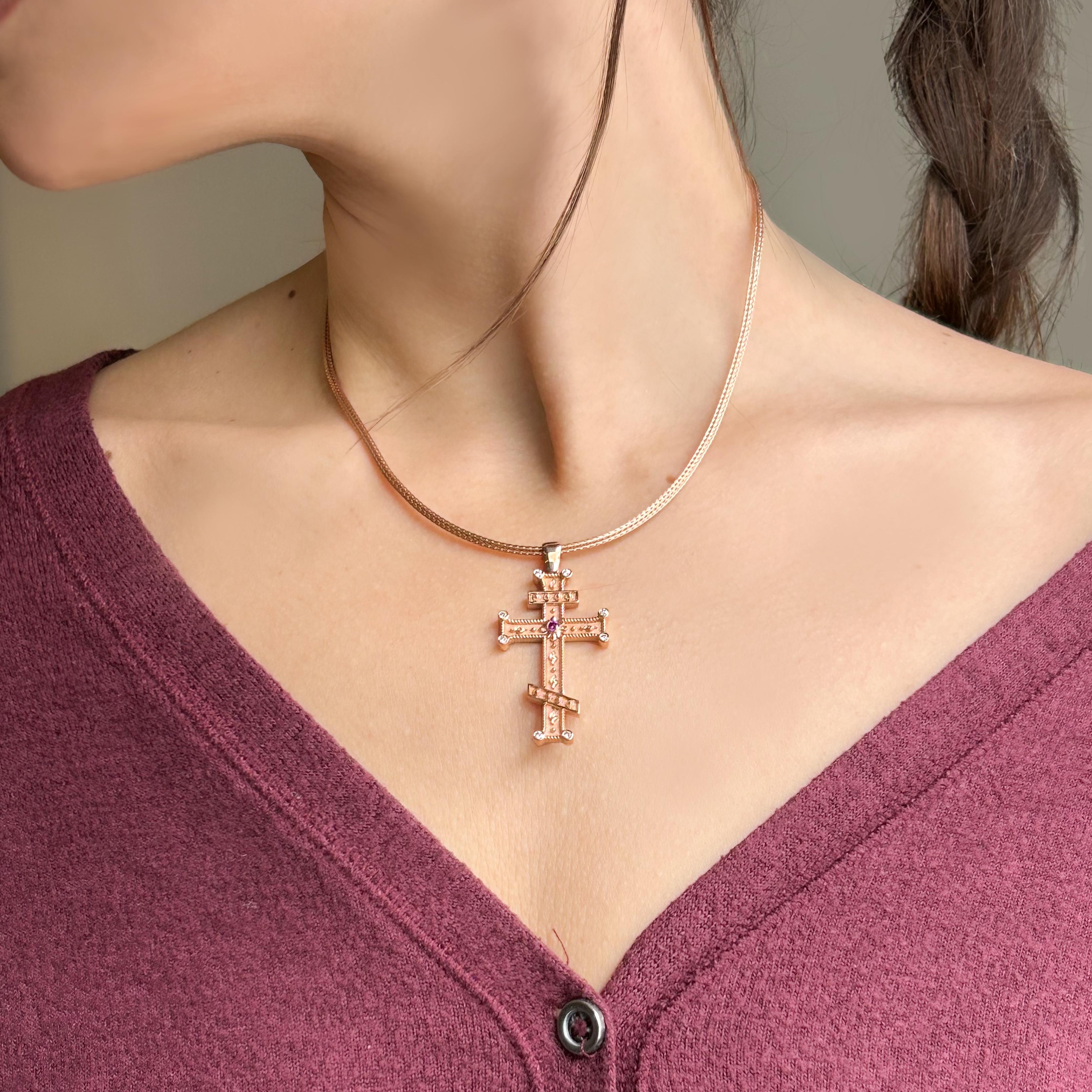 Georgios Collection 18 Karat Rose Gold Purple and White Diamond Cross with Chain For Sale 6