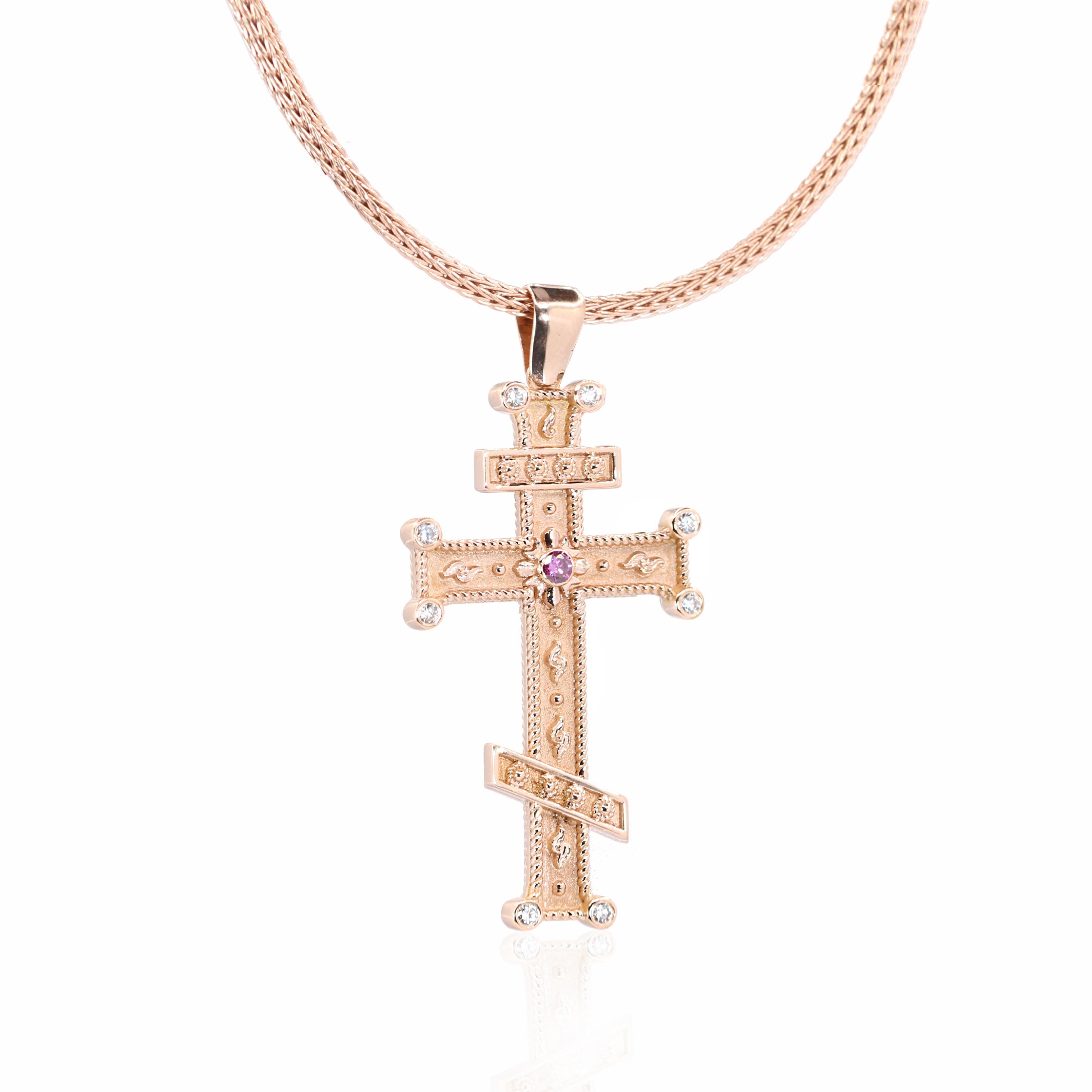 S.Georgios Cross Necklace is all handmade from solid 18 Karat Rose Gold and is microscopically decorated with granulation work all the way around. The background of the stunning Cross has a unique velvet rose look and features at it's center a