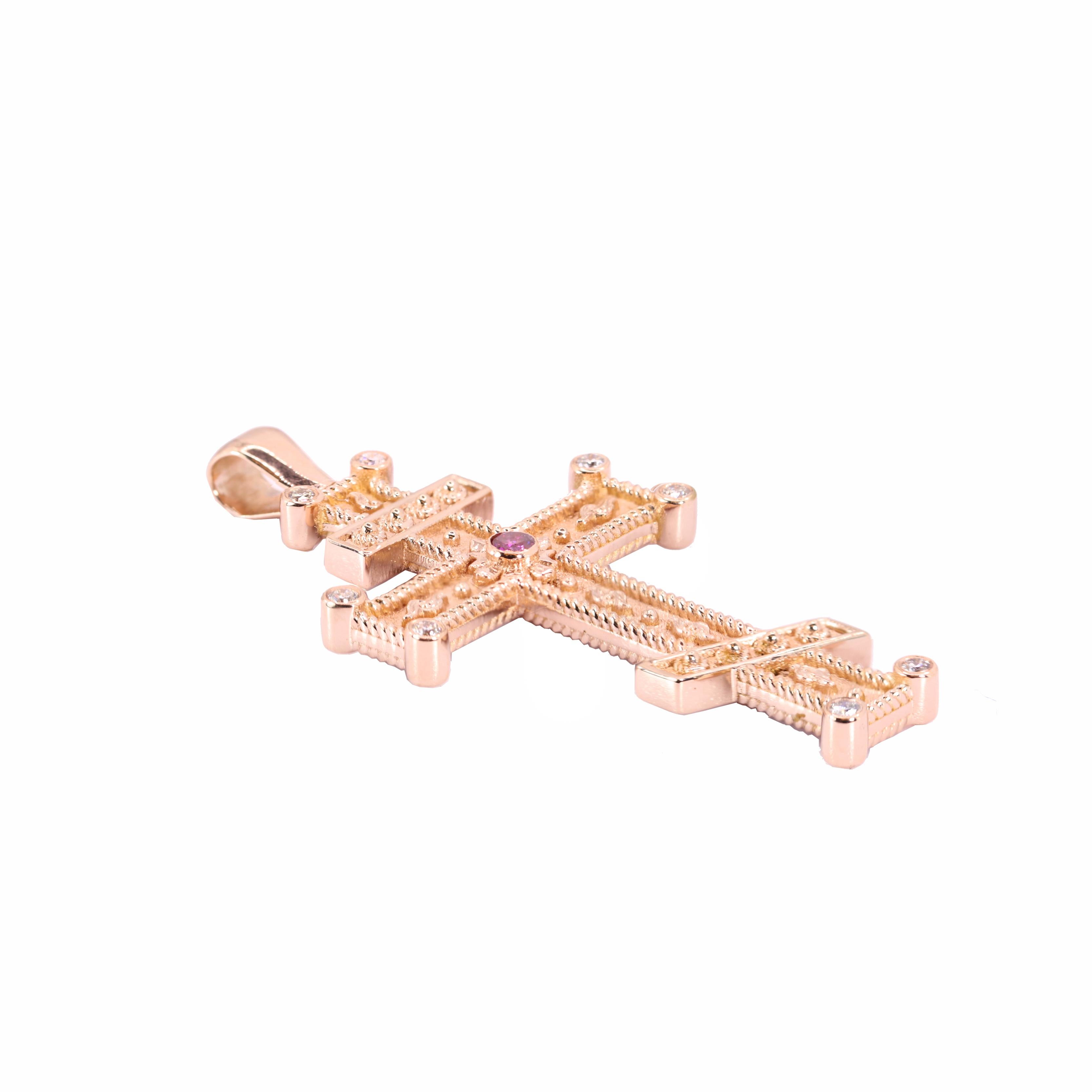 Brilliant Cut Georgios Collection 18 Karat Rose Gold Purple and White Diamond Cross with Chain For Sale