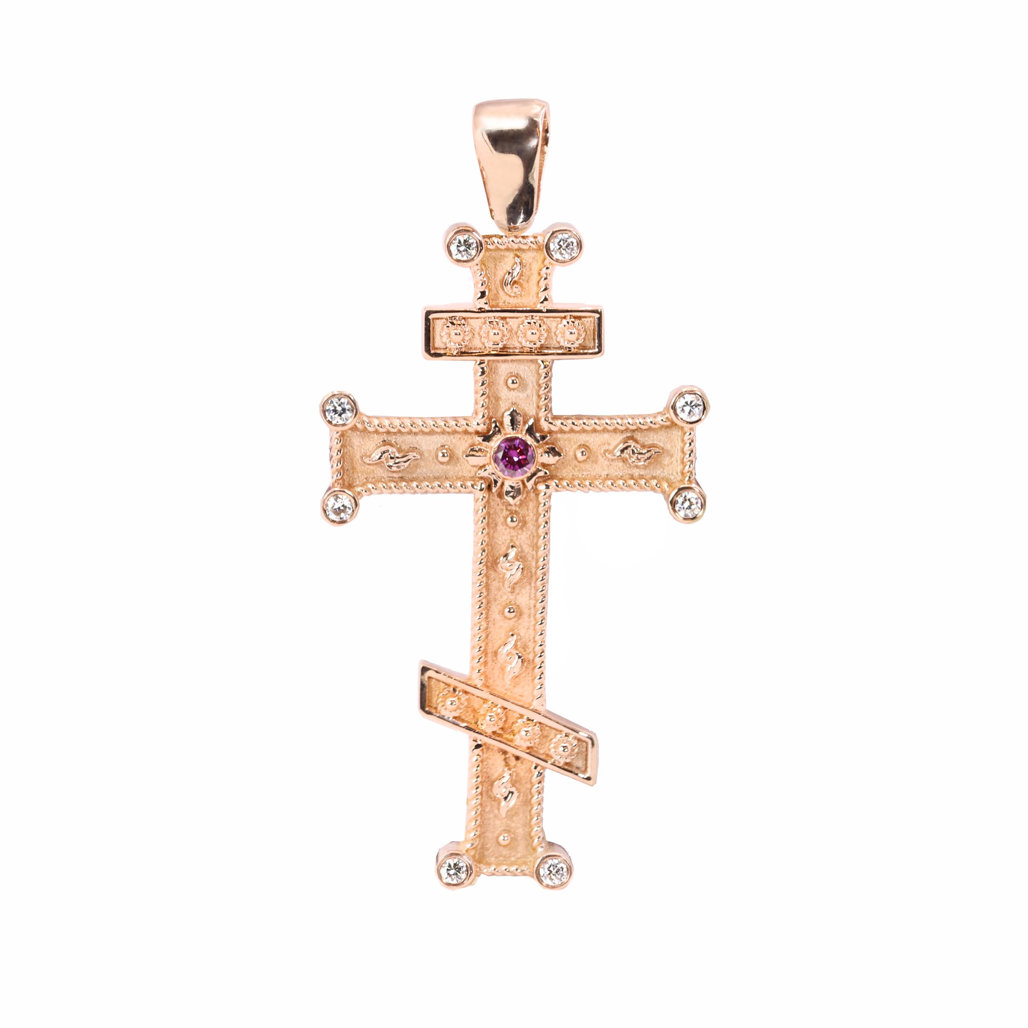 Georgios Collection 18 Karat Rose Gold Purple and White Diamond Cross with Chain In New Condition For Sale In Astoria, NY
