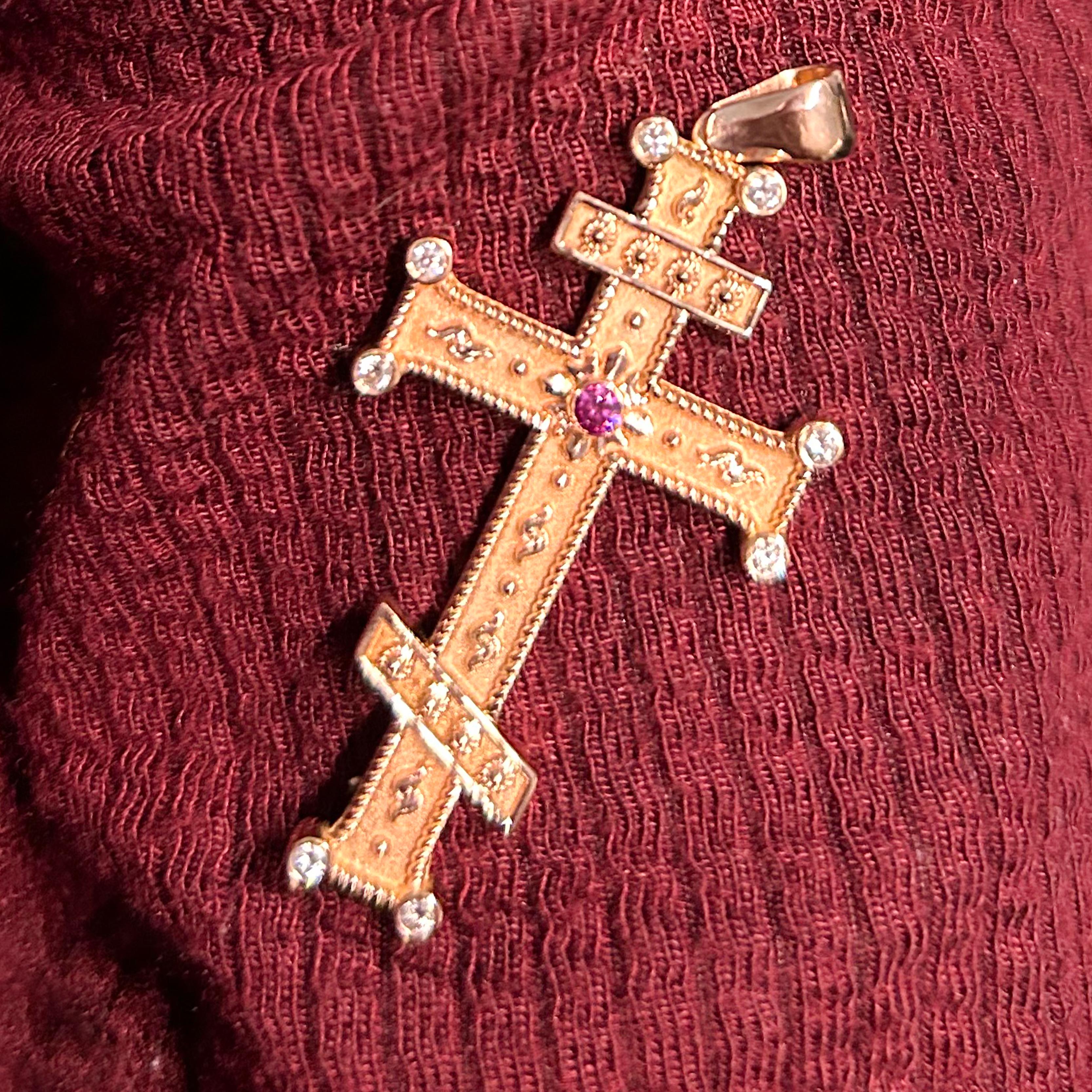 Women's or Men's Georgios Collection 18 Karat Rose Gold Purple and White Diamond Cross with Chain For Sale