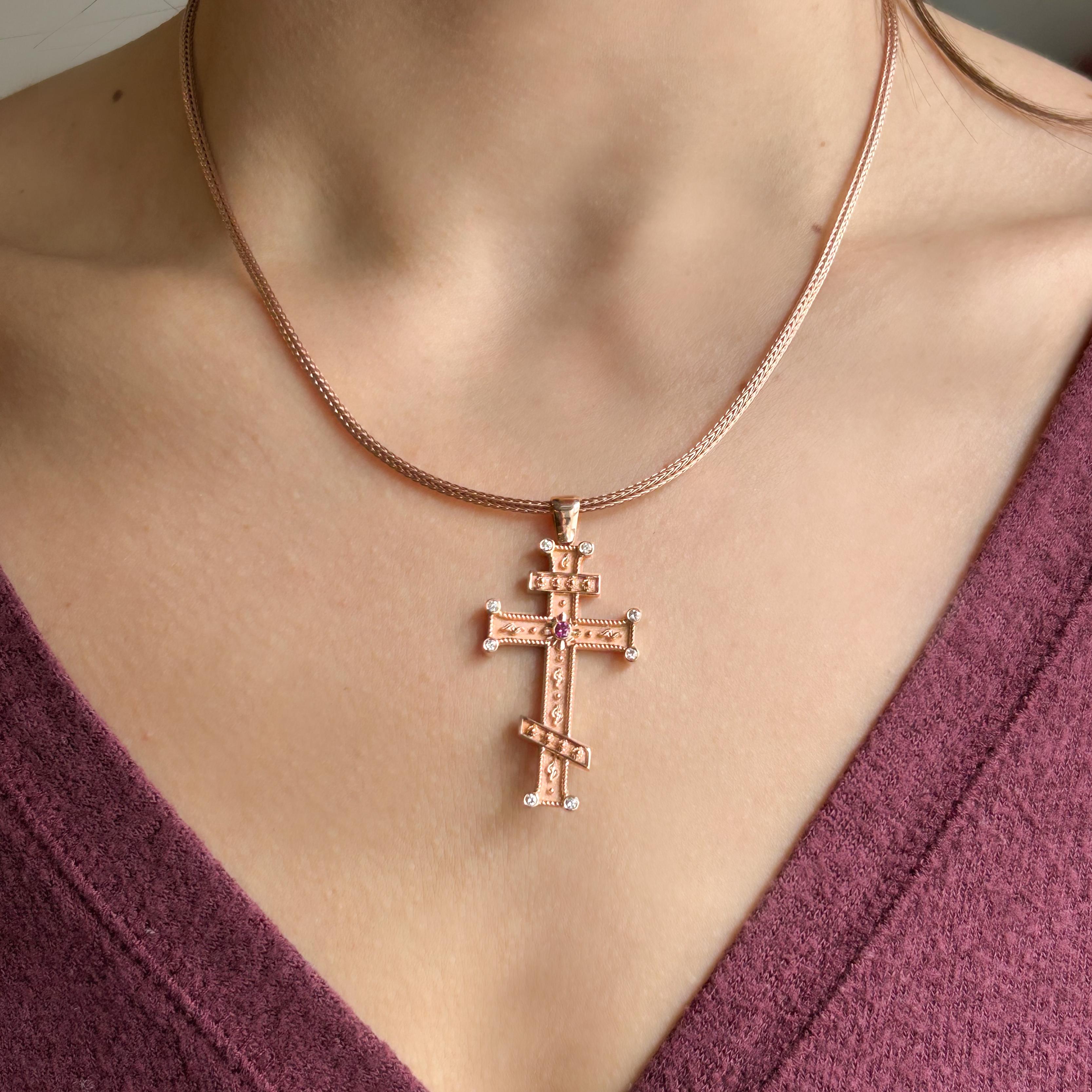 Georgios Collection 18 Karat Rose Gold Purple and White Diamond Cross with Chain For Sale 3