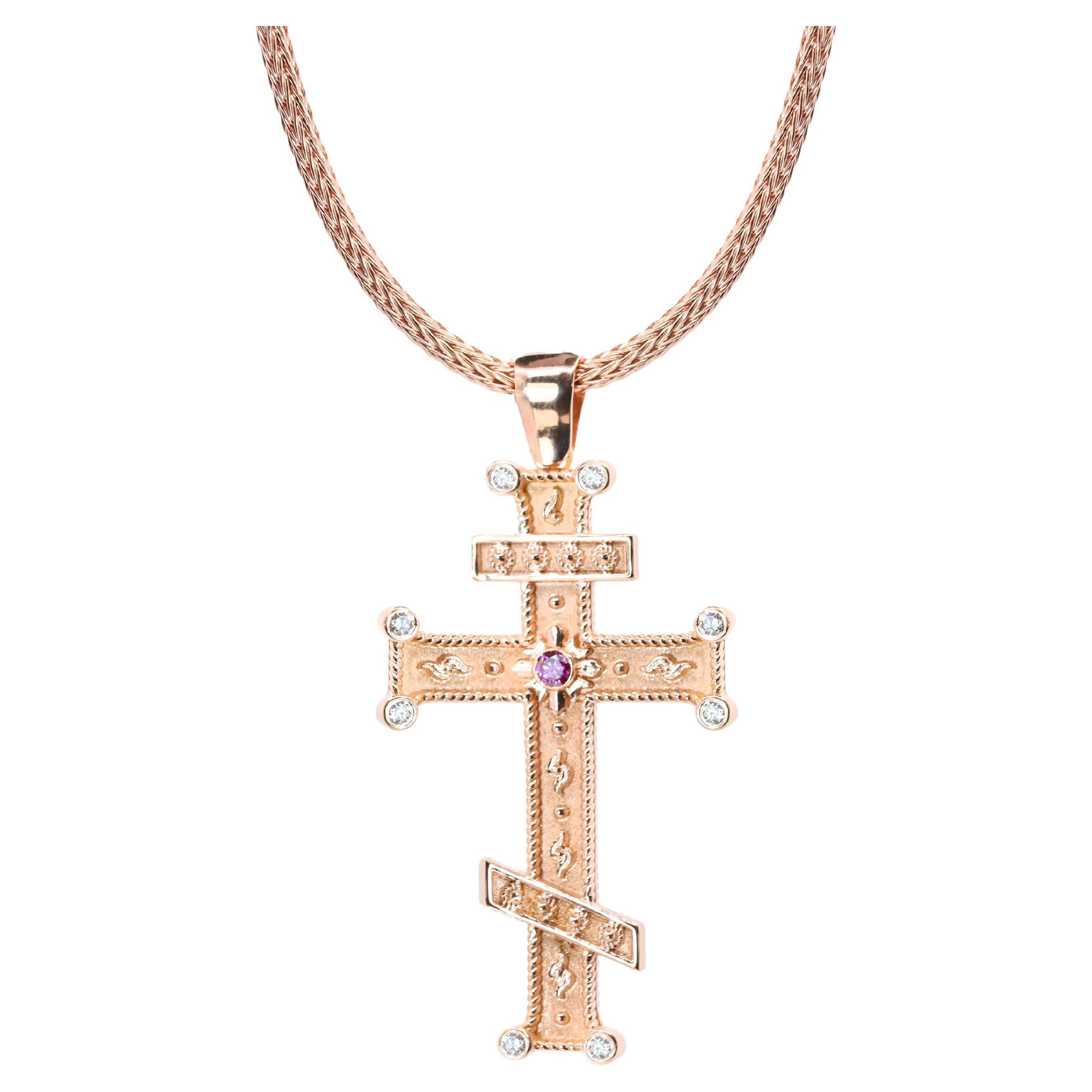Georgios Collection 18 Karat Rose Gold Purple and White Diamond Cross with Chain For Sale