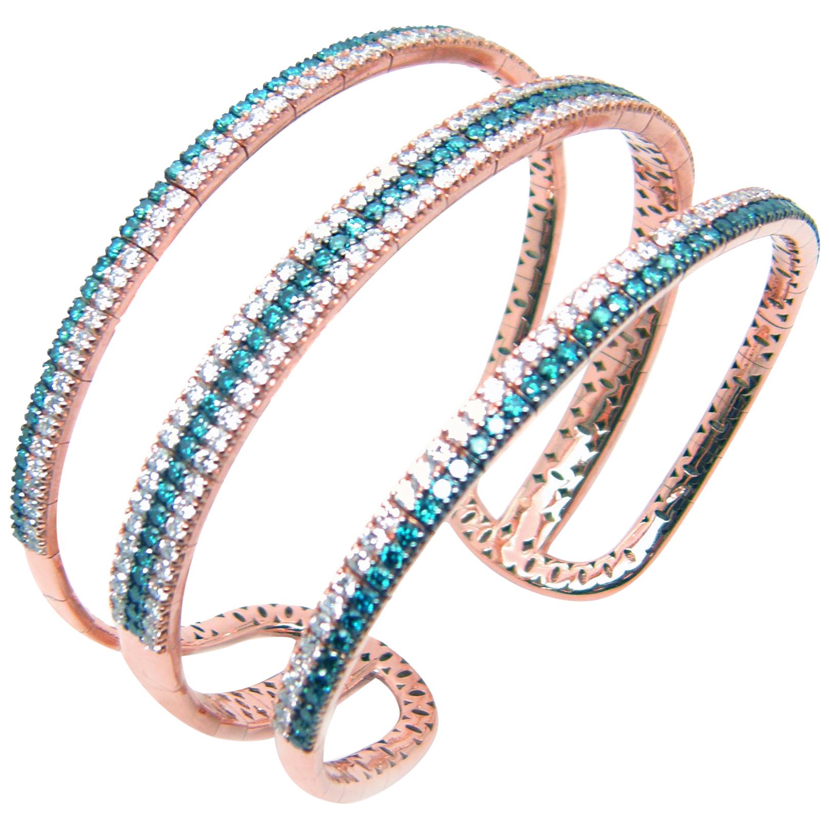 Georgios Collection 18 Karat Rose Gold White and Blue Diamond Wide Cuff Bracelet For Sale
