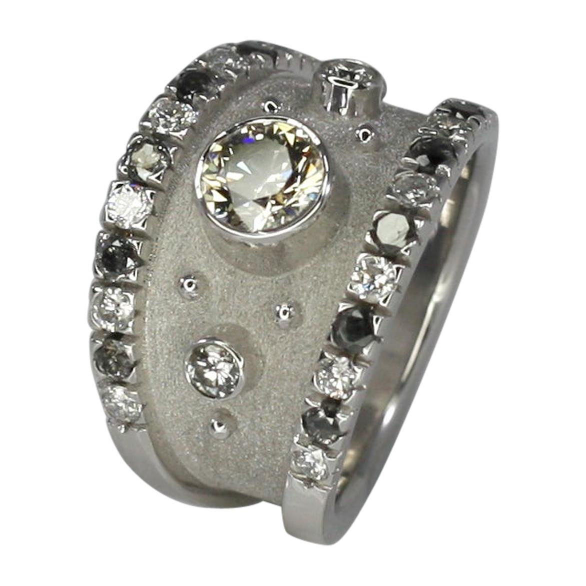 Georgios Collections 18 Karat White Gold Chocolate and White Diamond Wide Ring For Sale