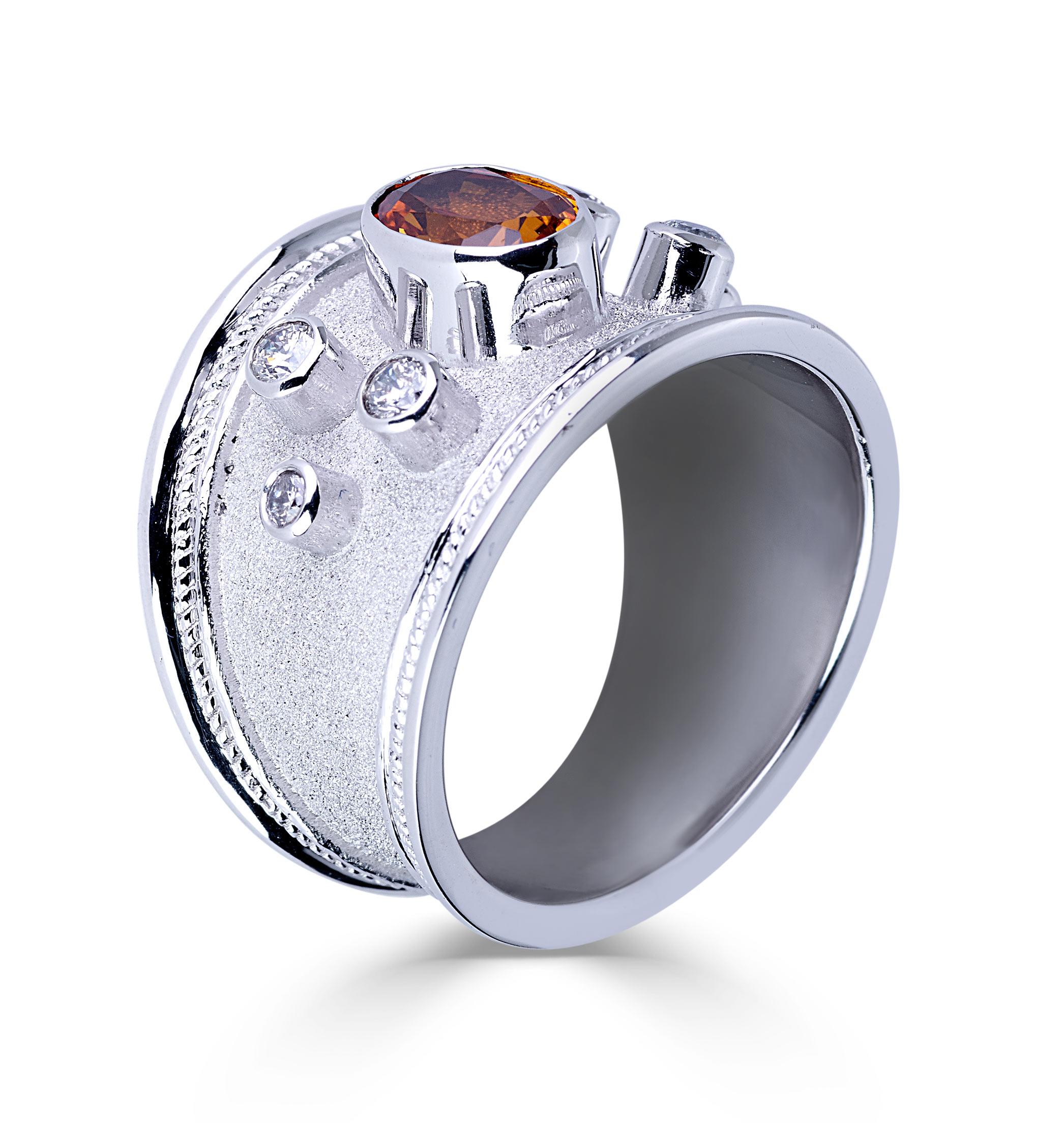Oval Cut Georgios Collections 18 Karat White Gold Diamond Band Ring with Orange Sapphire