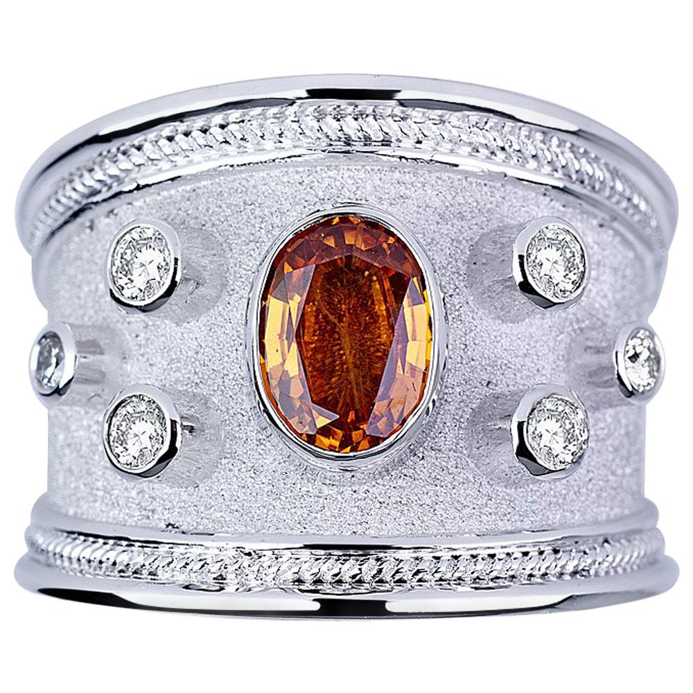 Georgios Collections 18 Karat White Gold Diamond Band Ring with Orange Sapphire