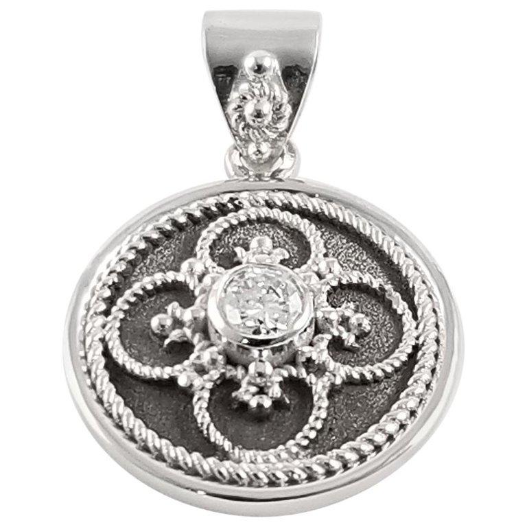 Georgios Collections 18 Karat White Gold Diamond Pendant with Granulation work In New Condition For Sale In Astoria, NY