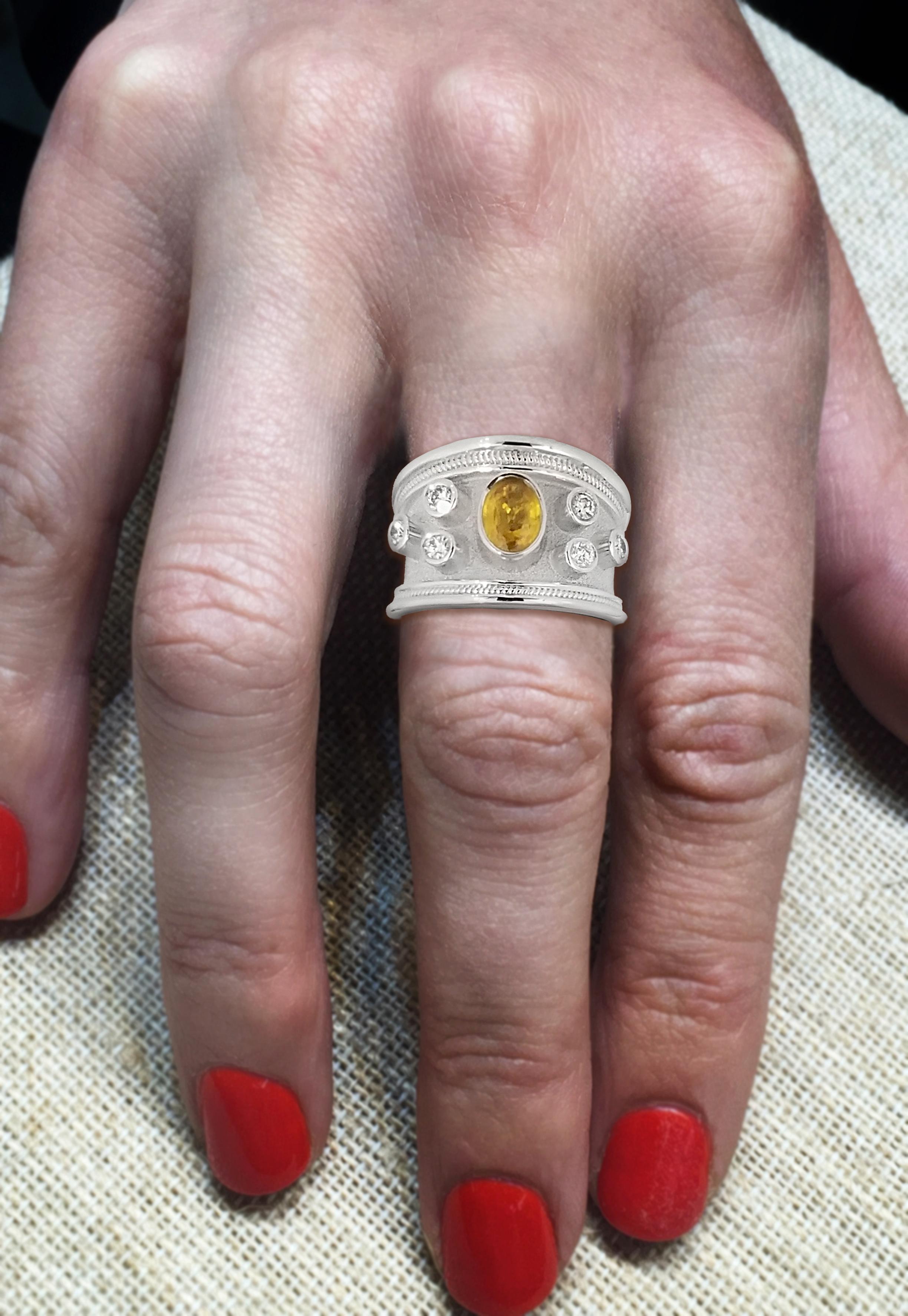 Byzantine Georgios Collection 18 Karat White Gold Yellow Sapphire and Diamond Band Ring For Sale