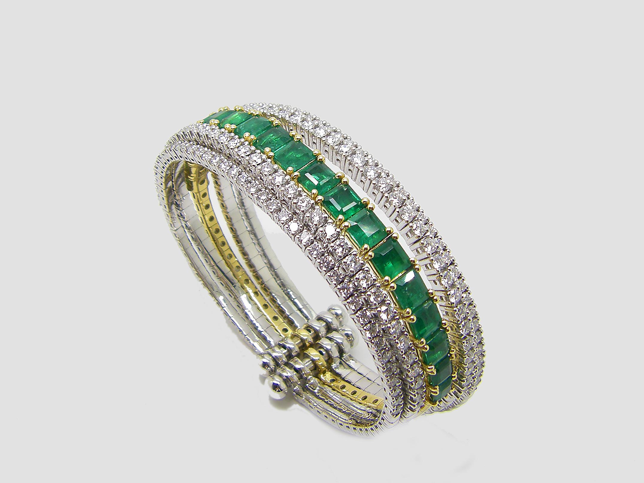 Georgios Collection 18 Karat White Yellow Gold Emerald and Diamond Cuff Bracelet For Sale 3