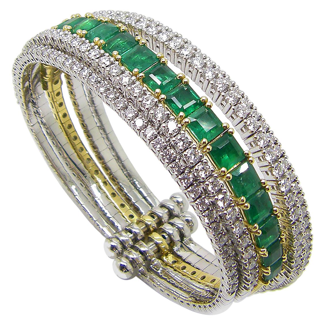 Georgios Collection 18 Karat White Yellow Gold Emerald and Diamond Cuff Bracelet