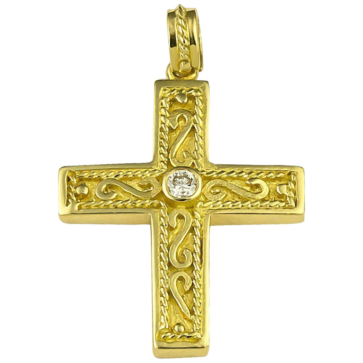 Georgios Collection 18 Karat Yellow Gold Diamond Byzantine Style Intricate Cross