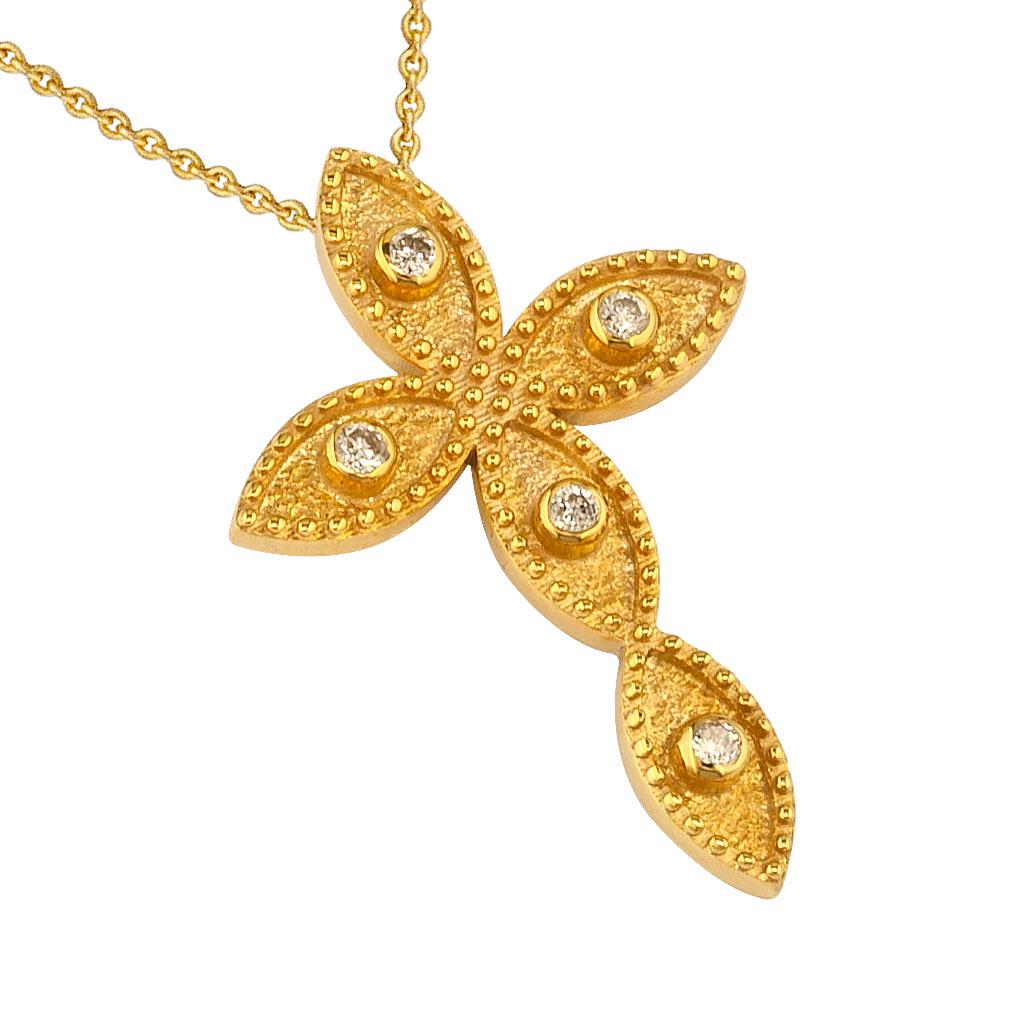 This S.Georgios Unique designer Cross and chain pendant necklace is all handmade from 18 Karat Yellow Gold and is microscopically decorated with granulation work all the way around. The background of this gorgeous Cross has a velvet look and
