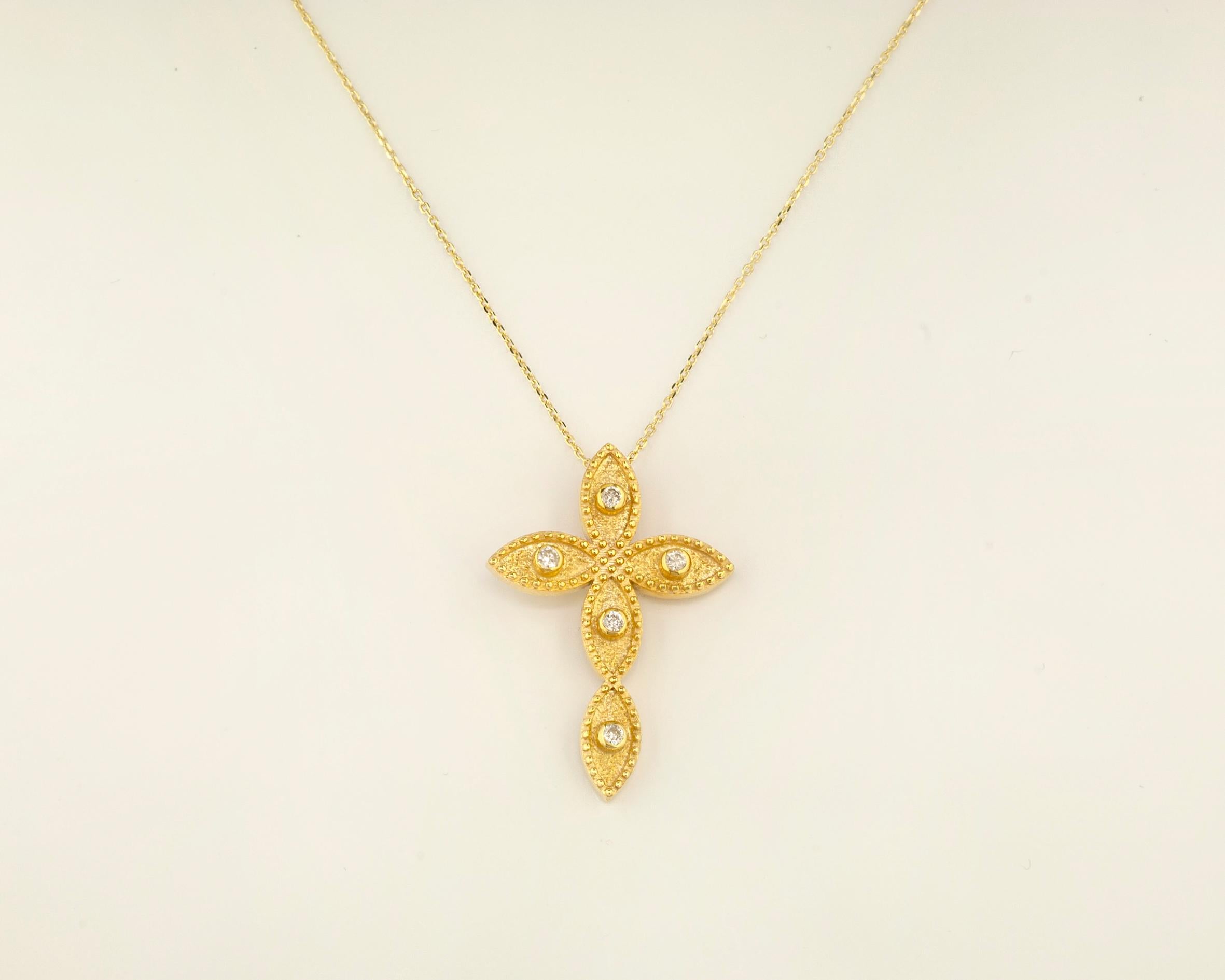 Round Cut Georgios Collection 18 Karat Yellow Gold Diamond Byzantine Style Cross and Chain