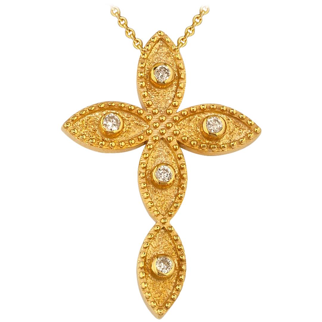 Georgios Collection 18 Karat Yellow Gold Diamond Byzantine Style Cross and Chain