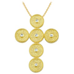 Georgios Collections 18 Karat Yellow Gold Diamond Granulation Cross with Chain