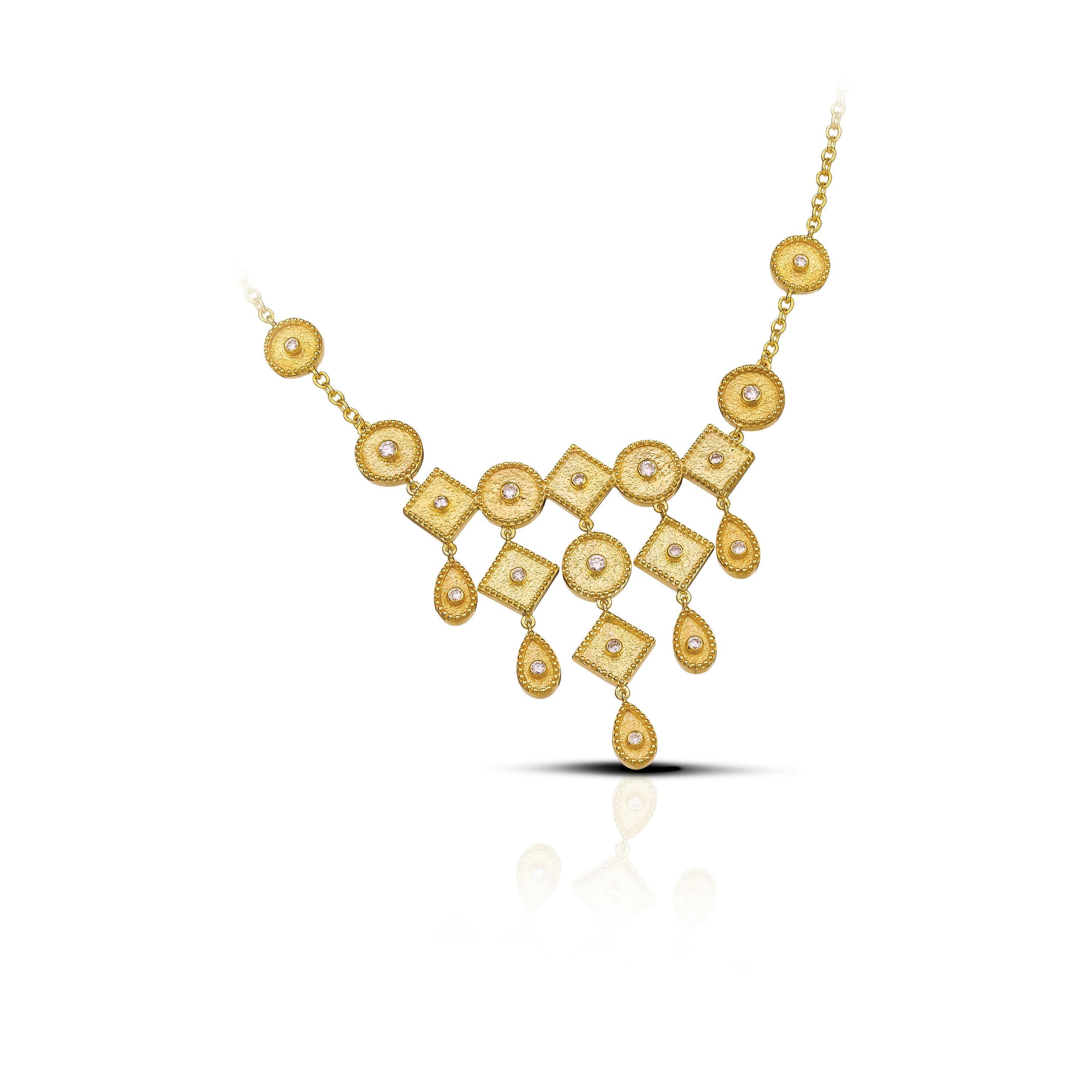 This S.Georgios drop chain necklace is all handmade from solid 18 Karat Yellow Gold and is microscopically decorated with granulation work all the way around. The background of the necklace has a unique byzantine finish and features 18 individual