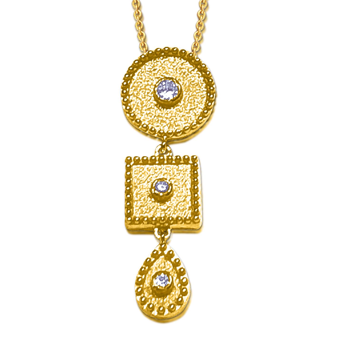 This S.Georgios pendant is all handmade from solid 18 Karat Yellow Gold and is microscopically decorated with granulation work all the way around. The background of the pendant has a unique velvet look and features 3 Brilliant cut Diamonds total