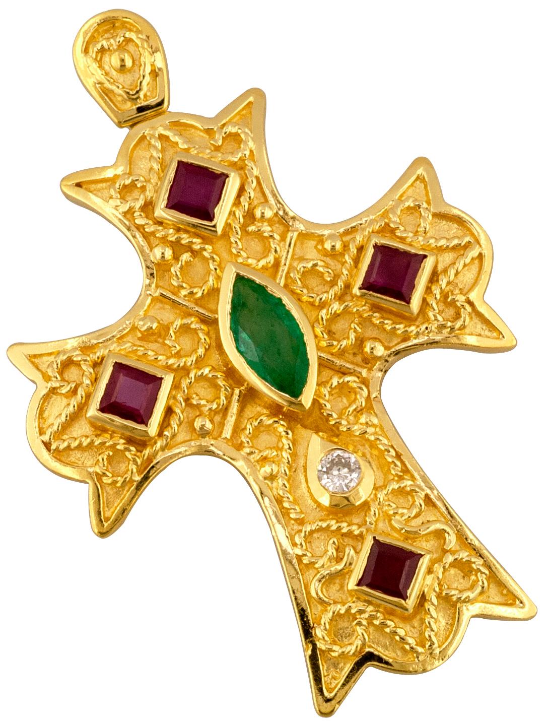 Georgios Collection 18 Karat Yellow Gold Diamond, Ruby Emerald Byzantine Cross In New Condition For Sale In Astoria, NY