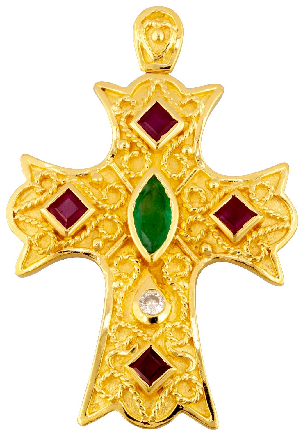 Georgios Collection 18 Karat Yellow Gold Diamond, Ruby Emerald Byzantine Cross For Sale 1