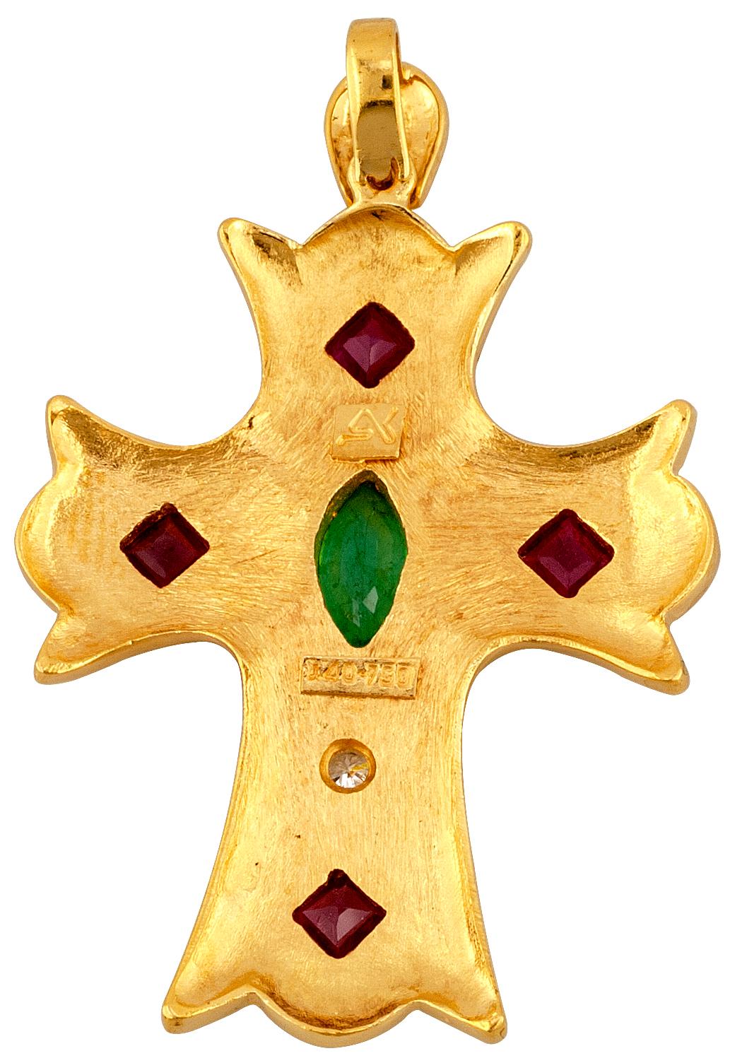 Georgios Collection 18 Karat Yellow Gold Diamond, Ruby Emerald Byzantine Cross For Sale 2