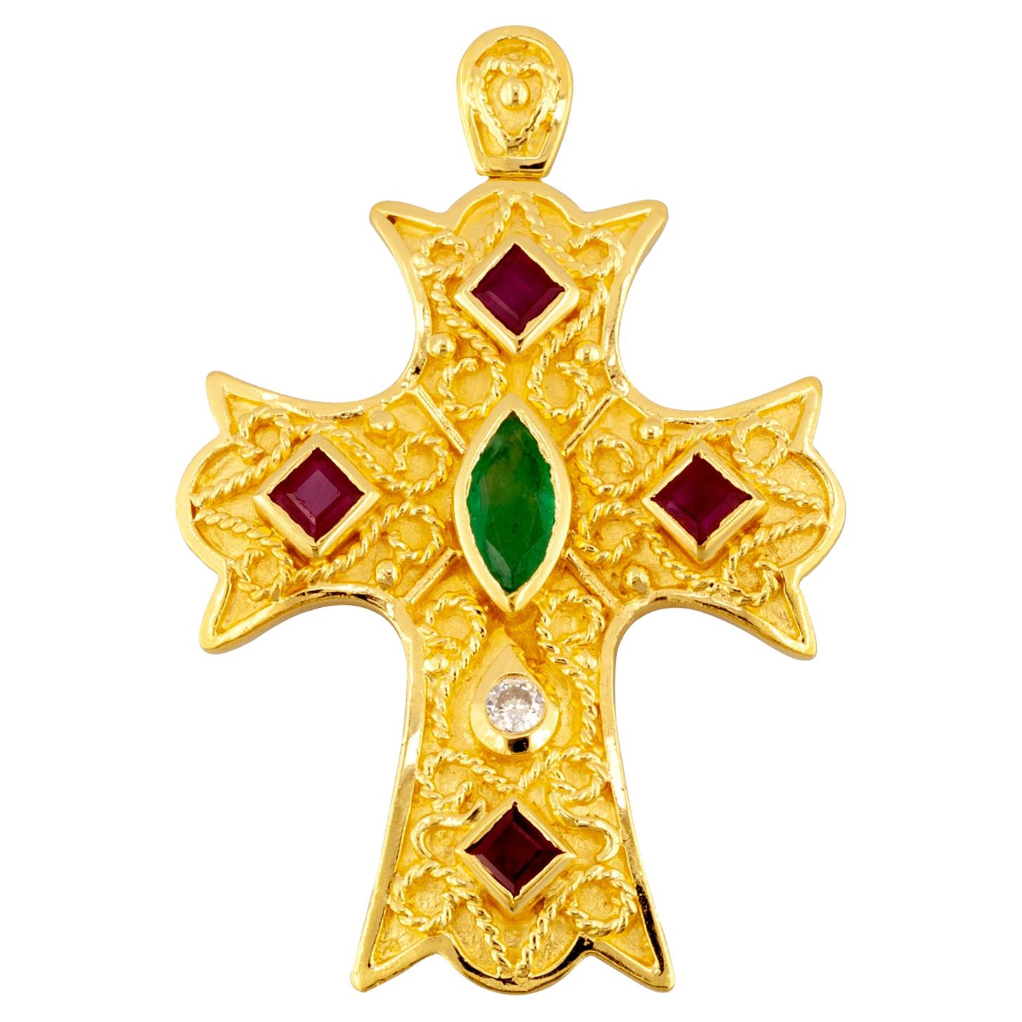 Croix byzantine en or jaune 18 carats, diamants, rubis et émeraudes, collection Georgios