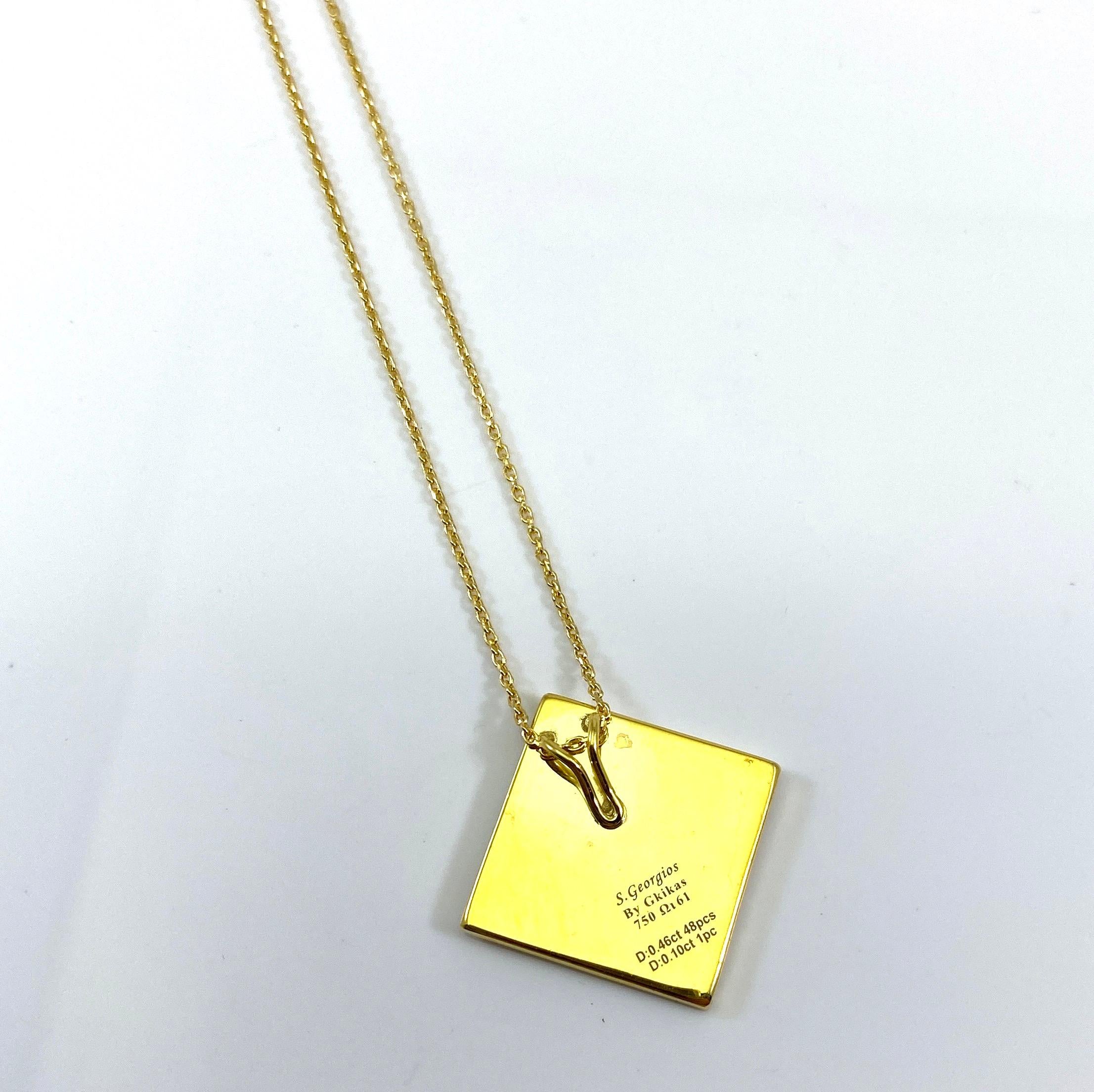 Pendentif carré en or jaune 18 carats avec chaîne et diamants de la collection Georgios Neuf - En vente à Astoria, NY
