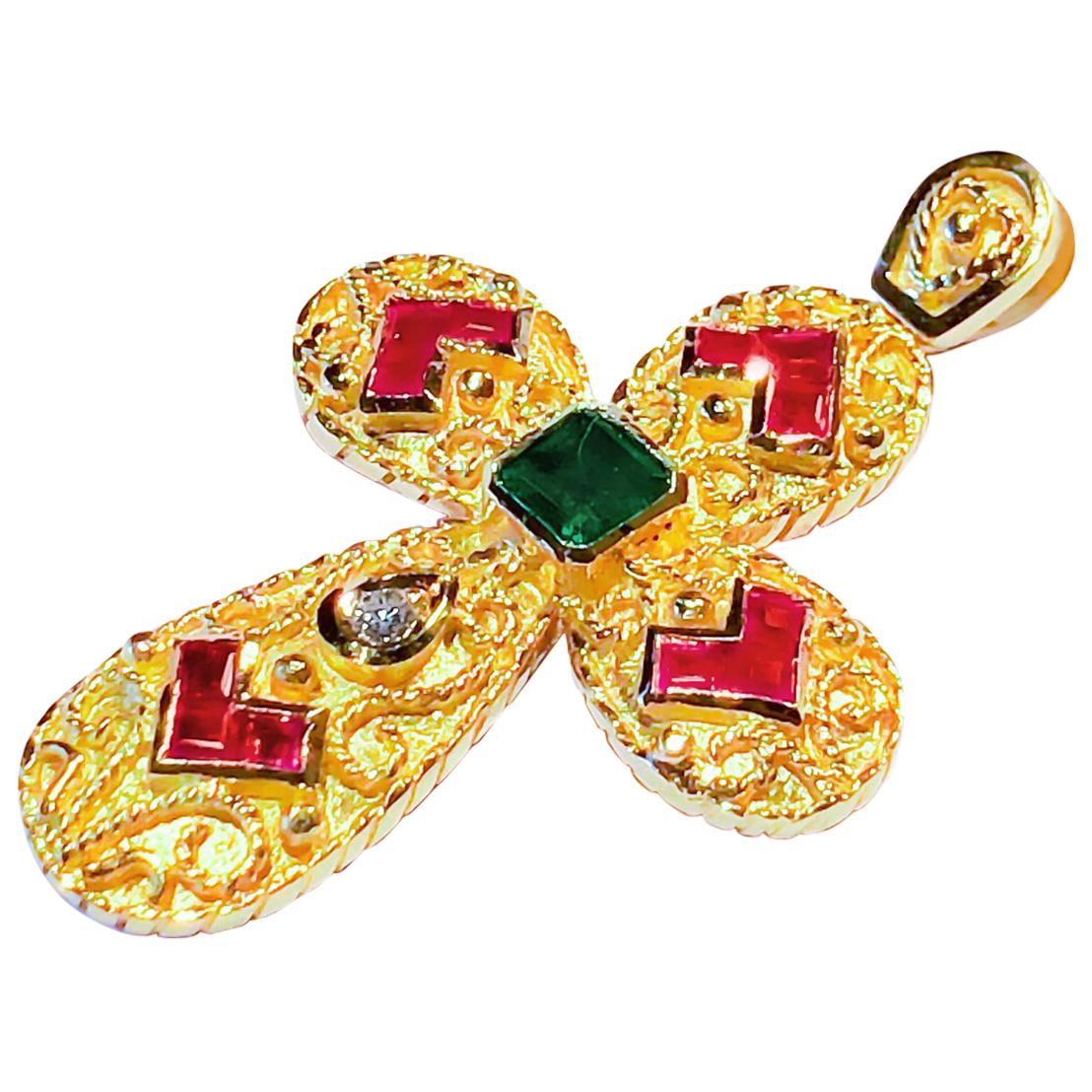 Georgios Collection 18 Karat Yellow Gold Emerald Ruby and Diamond Cross   For Sale