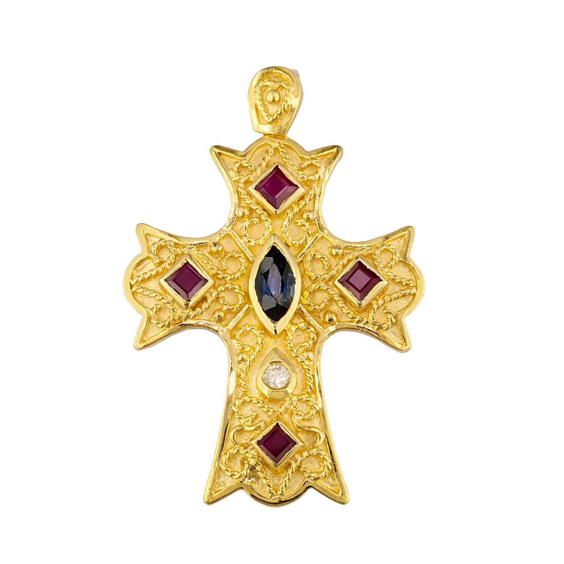 Georgios Collections 18 Karat Yellow Gold Diamond Cross with Sapphires and Rubys
