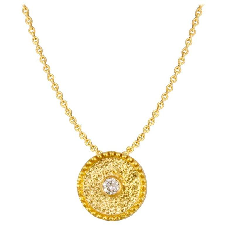 Georgios Collection 18 Karat Yellow Gold Solitaire Diamond Granulation Pendant In New Condition For Sale In Astoria, NY
