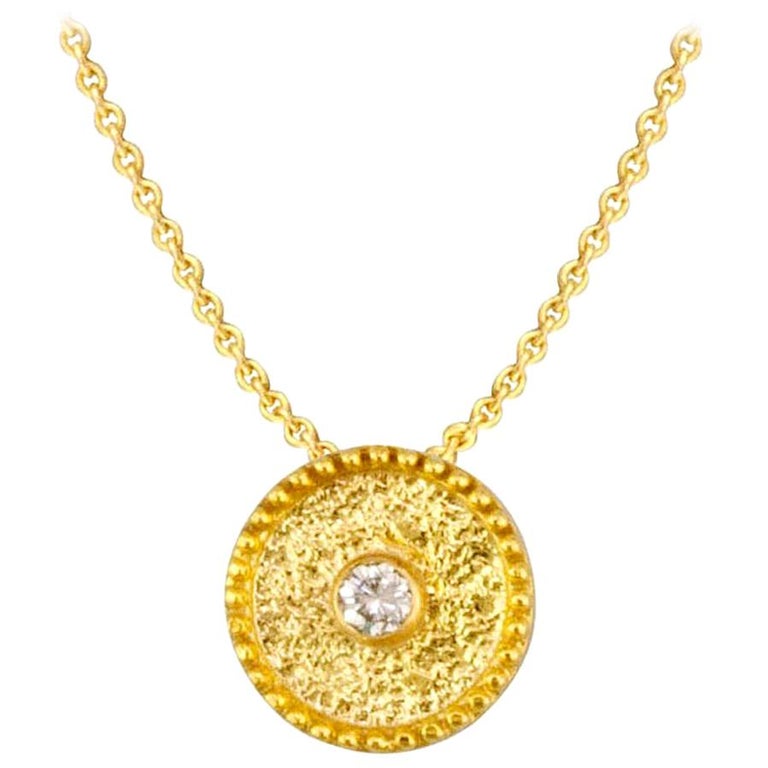 Georgios Collection 18 Karat Yellow Gold Solitaire Diamond Granulation Pendant For Sale