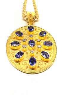 Georgios Collection 18 Karat Yellow Gold Tanzanite and Diamond Necklace Pendant