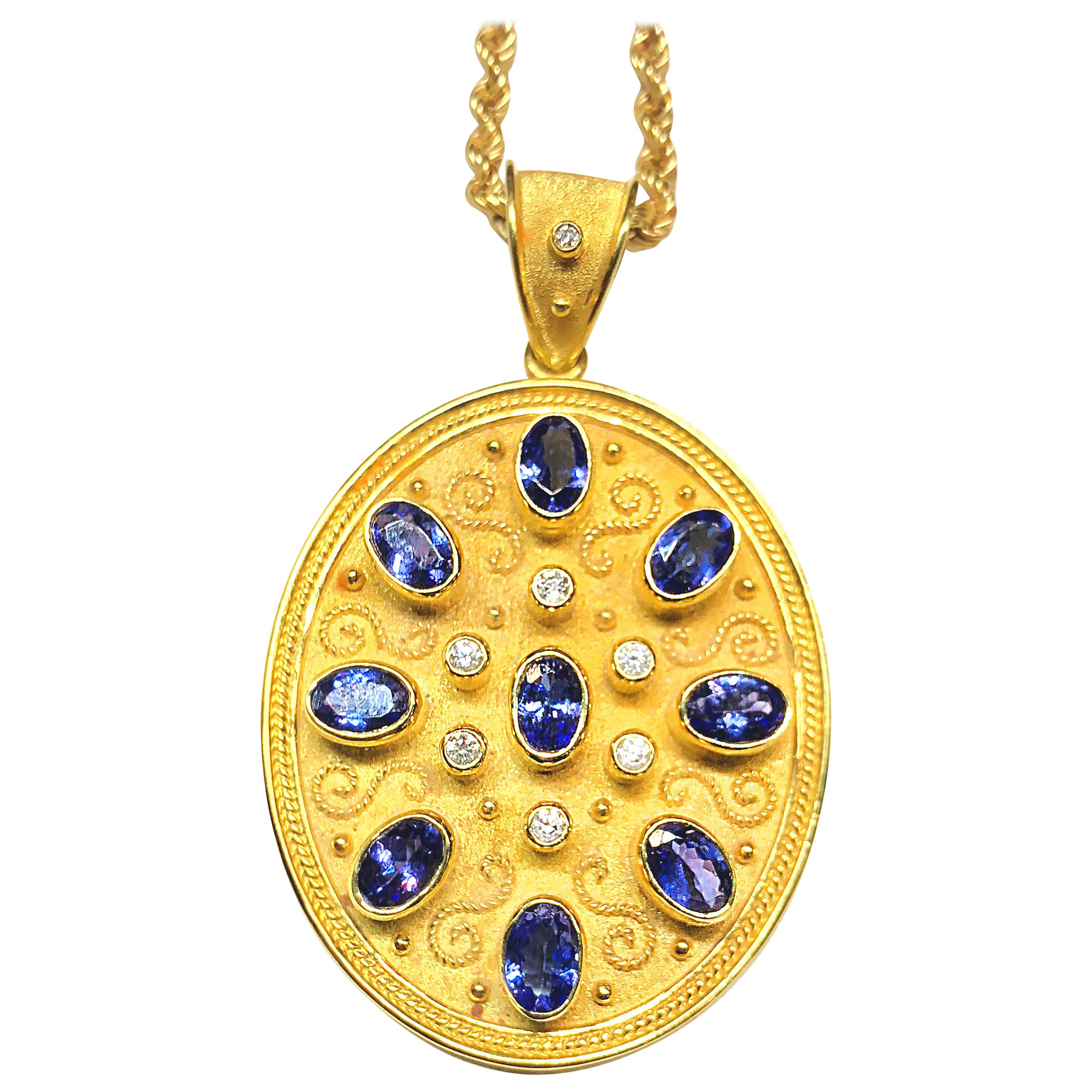 Georgios Collection 18 Karat Yellow Gold Tanzanite and Diamond Necklace Pendant For Sale