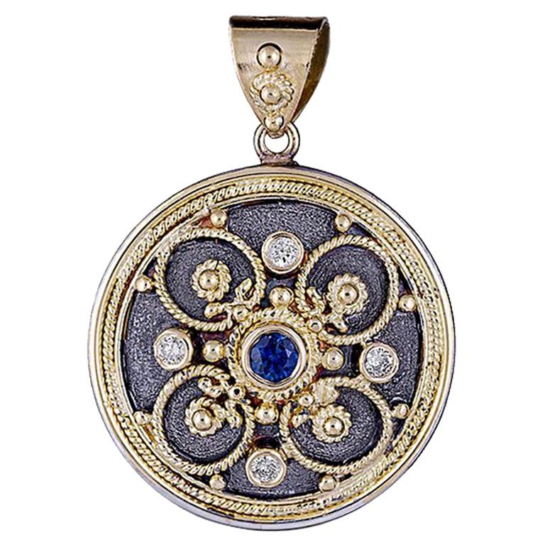 Georgios Collection 18 Karat Yellow Gold Two-Tone Round Sapphire Diamond Pendant For Sale