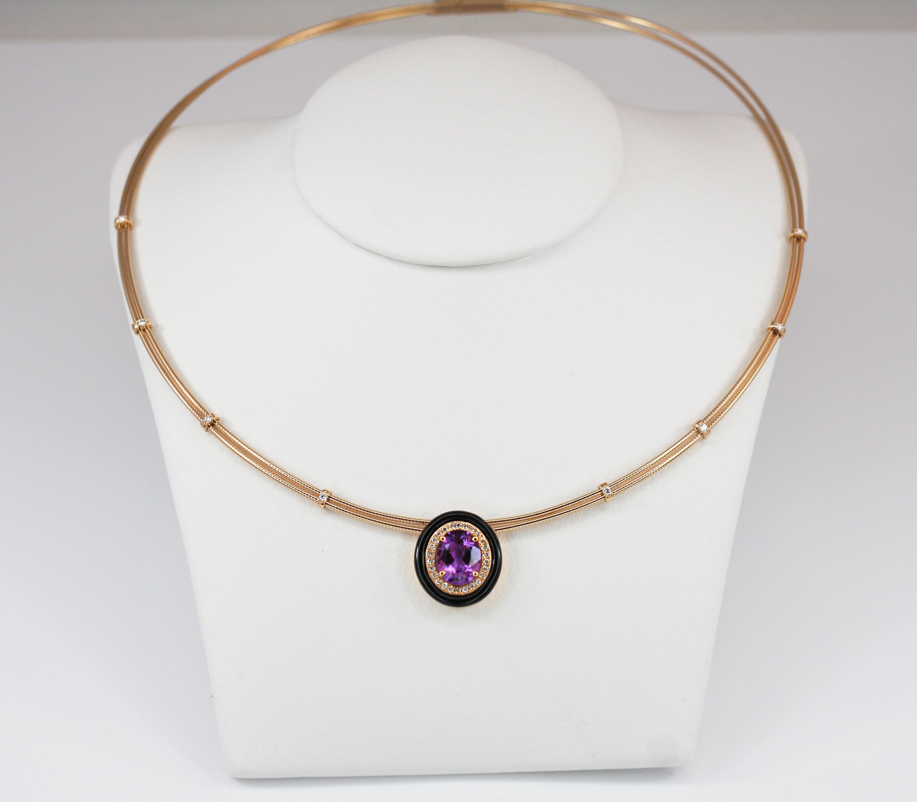 Georgios Collections 18 Karat Gold Amethyst Enamel and Diamond Pendant Necklace For Sale 5